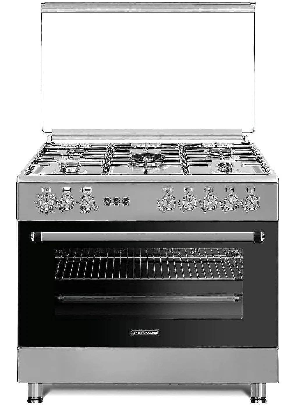 General Goldin Stylish Series Gas Cooker with 5 Burners, 1 Fan, Enamel Pan Support and 3 Glass Oven Door, Steel-1