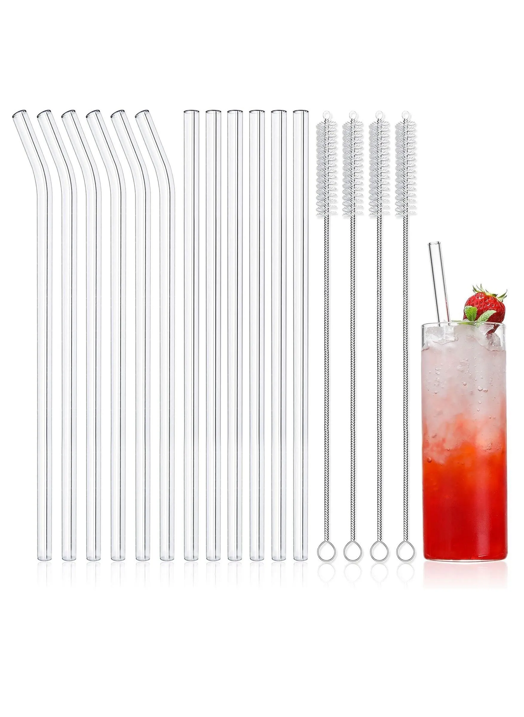 Glass Straws, Reusable Clear Drinking High Temperature Resistance, Set of 6 Straight and Bent with 4 Cleaning Brushes, Perfect for Smoothies, Milkshakes, Tea, Juice - Dishwasher Safe (12-Pack)-1