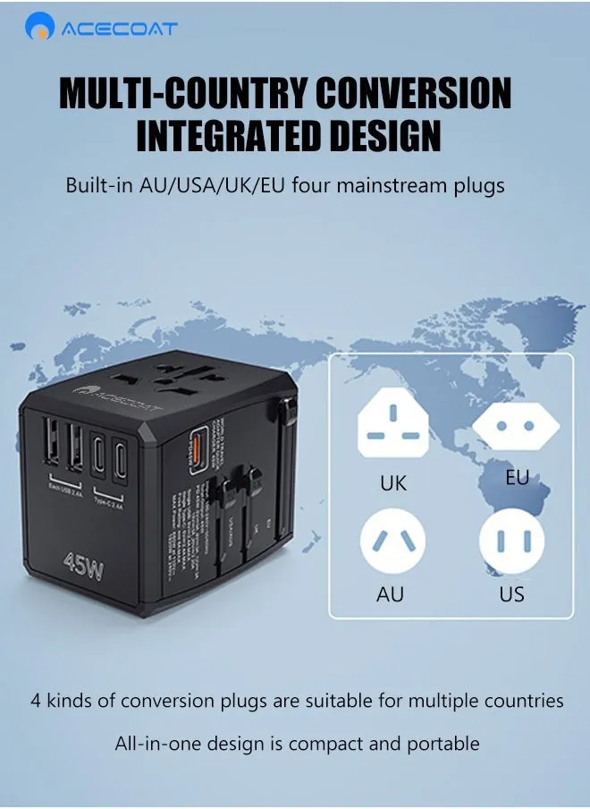 محول سفر دولي بقدرة 45 وات مع 2 USB-A و3 شاحن حائط دولي من النوع C، شاحن سريع للهاتف وأجهزة الكمبيوتر المحمولة، ومحول توصيل عالمي للولايات المتحدة الأمريكية/المملكة المتحدة/الاتحاد الأوروبي/أستراليا-2