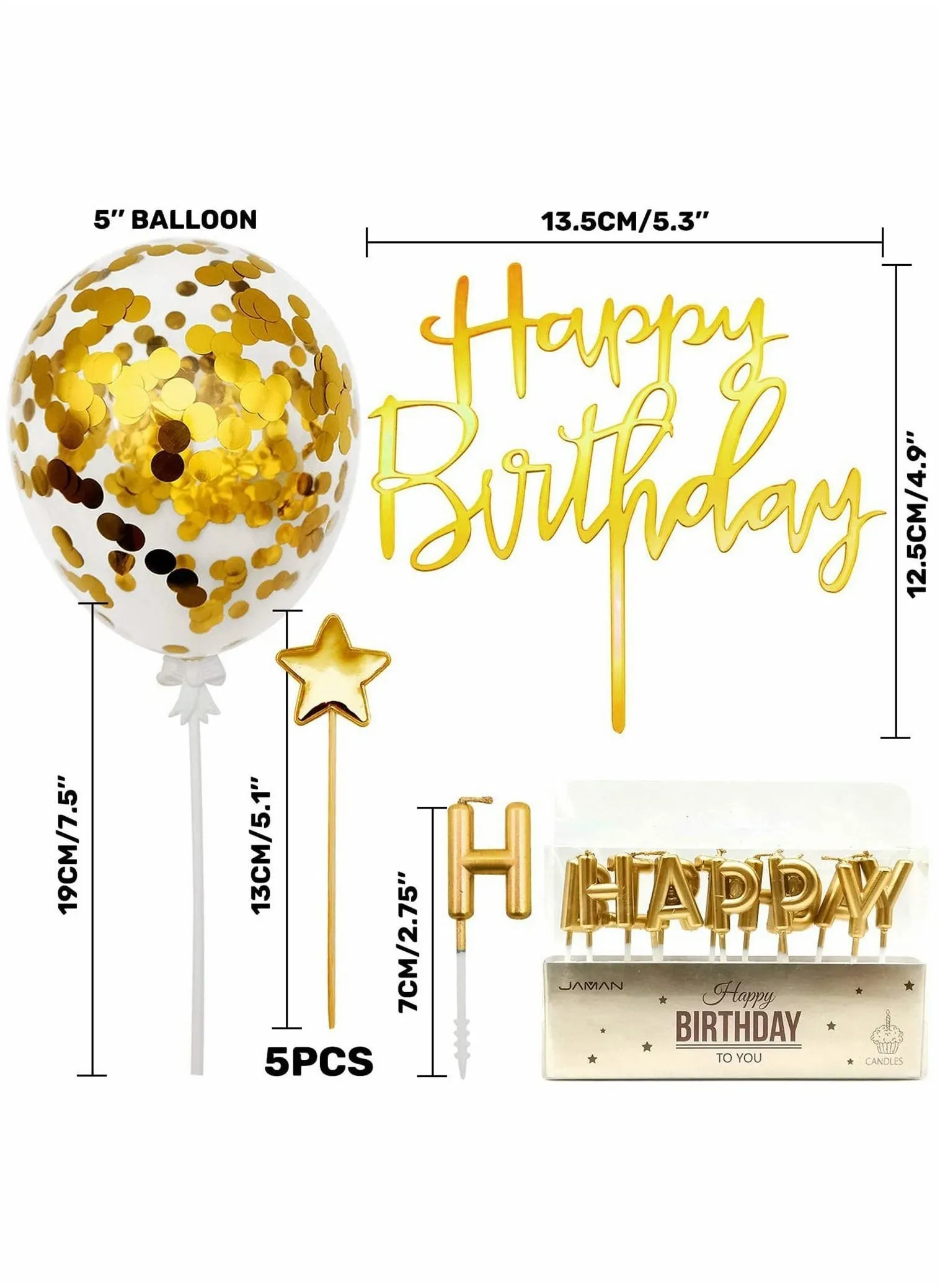 Gold Cake Decorations Topper Happy Birthday Candles Stars Confetti Balloon for Men Women Girls Boys Kids Party Theme Glitter Supplies-2