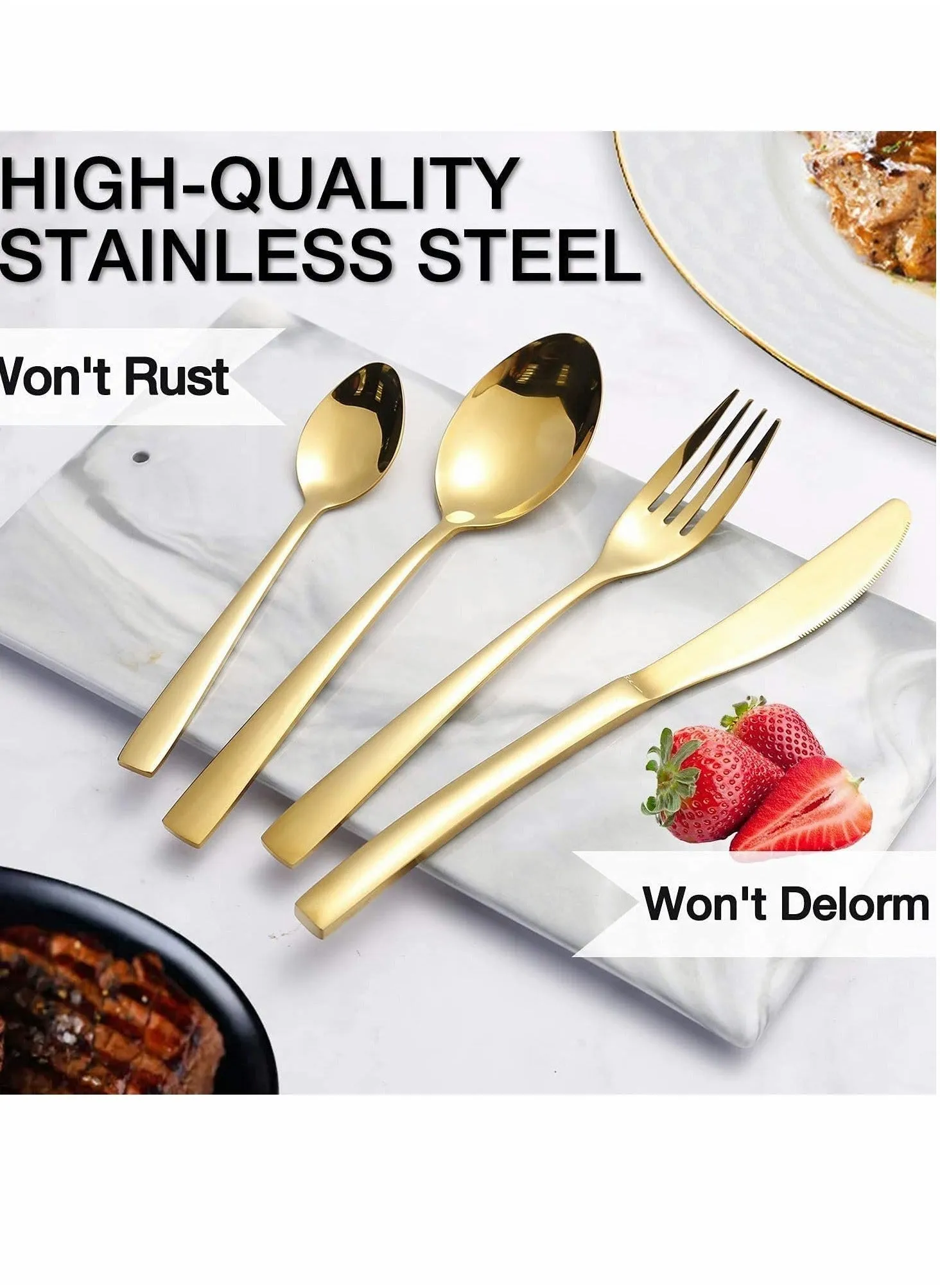 Gold Silverware Set 24PCS Forged Stainless Steel Flatware Tableware Service for 4 Kitchen Utensil Home Restaurant Dishwasher Safe Western Cutlery Knife Fork Spoon Gift Box-2