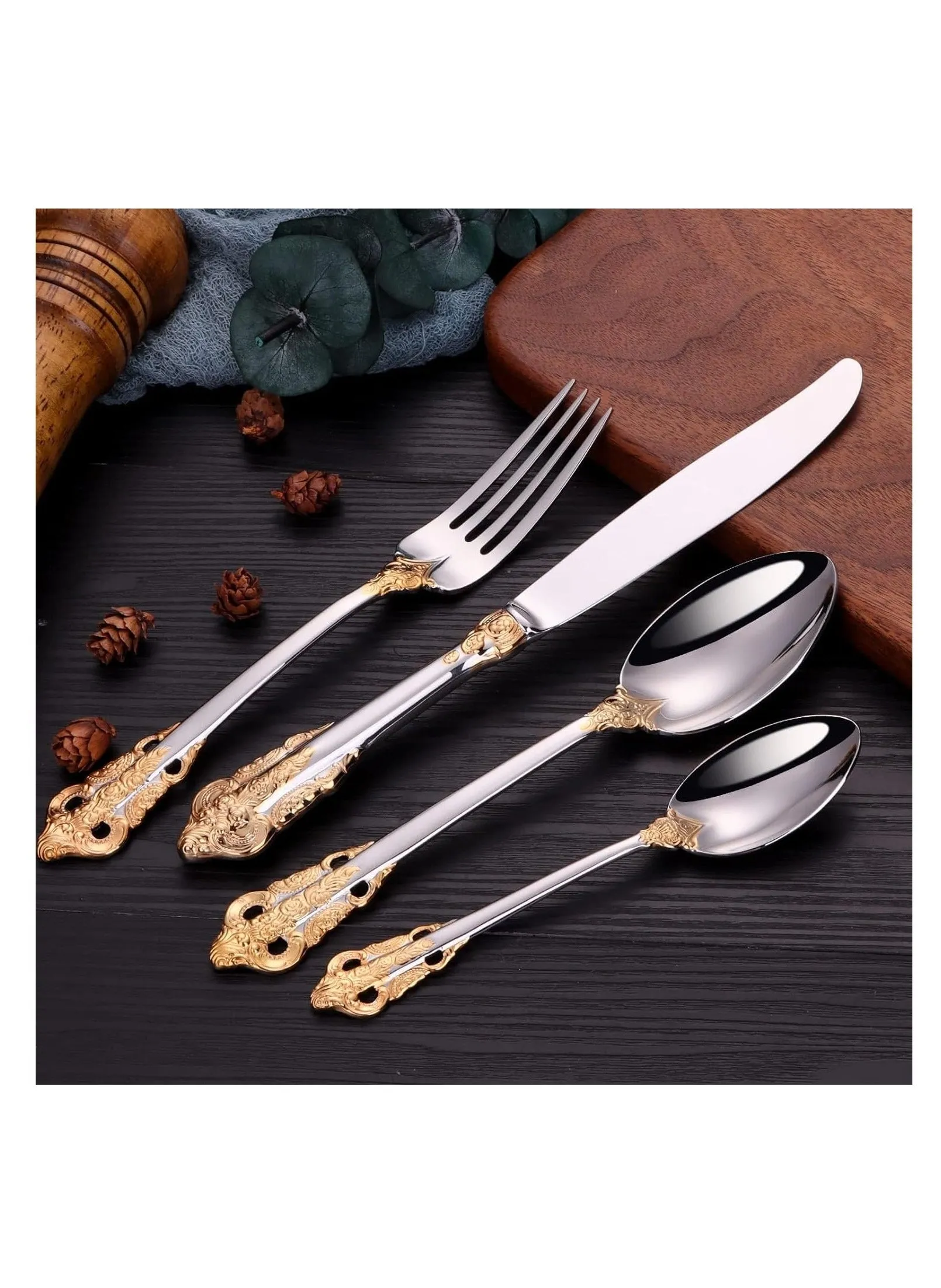 Gorgeous Cutlery Set Part Gold Knife Fork Spoon Stainless Steel Flatware Silverware 24 Pieces Tableware Service for 6 Packed in a Gift Box Dishwasher Safe Antipasto Cappuccino-2