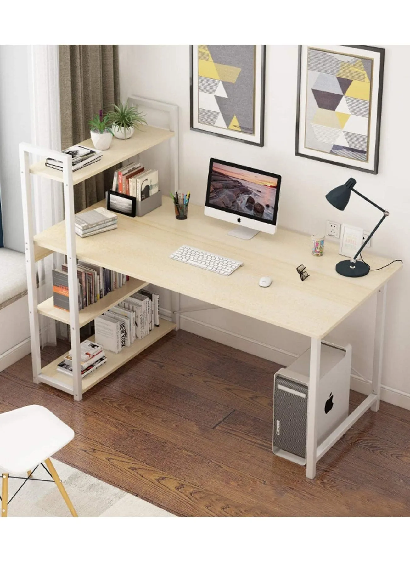 Home Office Computer Desk with Bookshelf Modern Simple Study Table 110x60x111cm-1