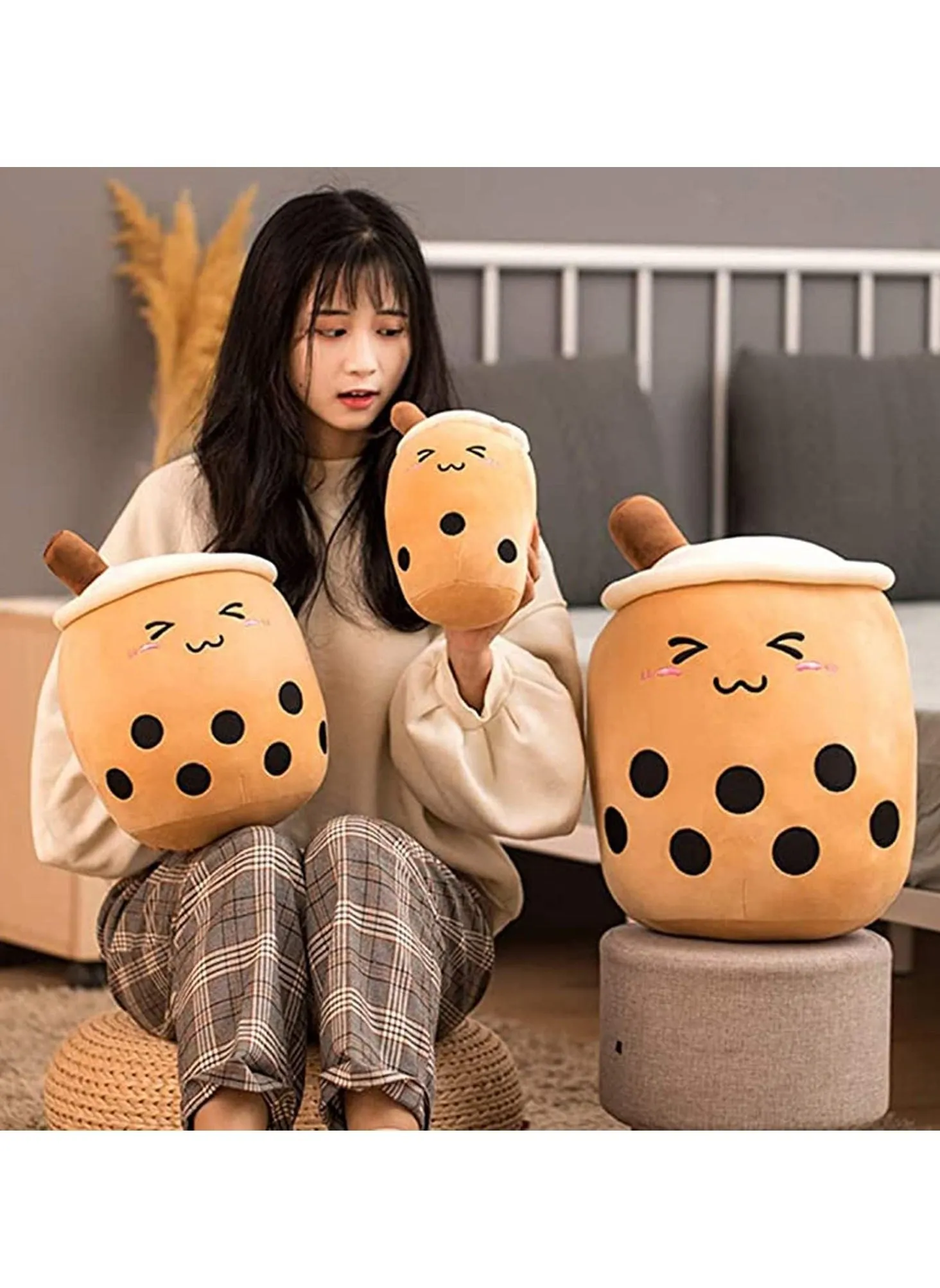 Kids Pillow Cushion 9.4 Inch Stuffed Boba Plushie Bubble Tea Plush Pillow Cartoon Cylindrical Milk Boba Pillow, Super Soft Kawaii Hugging Cushion Realistic Plush Food Toy Gifts for Boy Girl-2