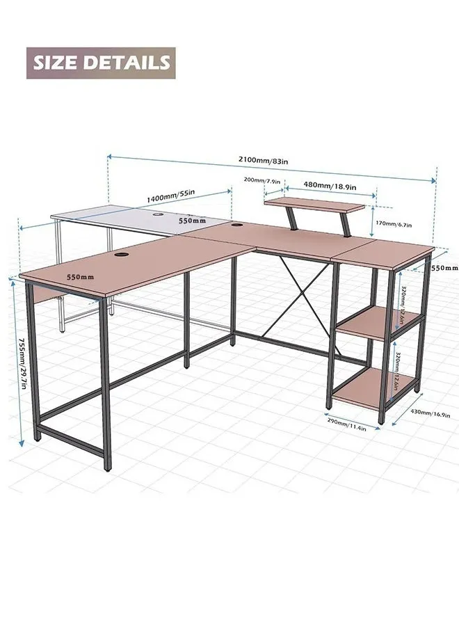طاولة زاوية للكمبيوتر المكتبي على شكل حرف L للمنزل والمكتب ومكتب للكتابة رف تخزين بالطابق الثاني-2
