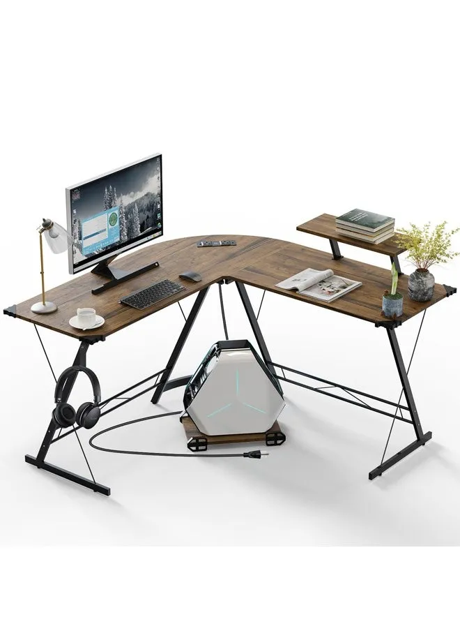 L Shaped Gaming Desk with Power Outlets, 51inch Computer Corner Table with Monitor Stand & Host bracket, Gamer Desk with Headset Hooks USB Charging Port-1