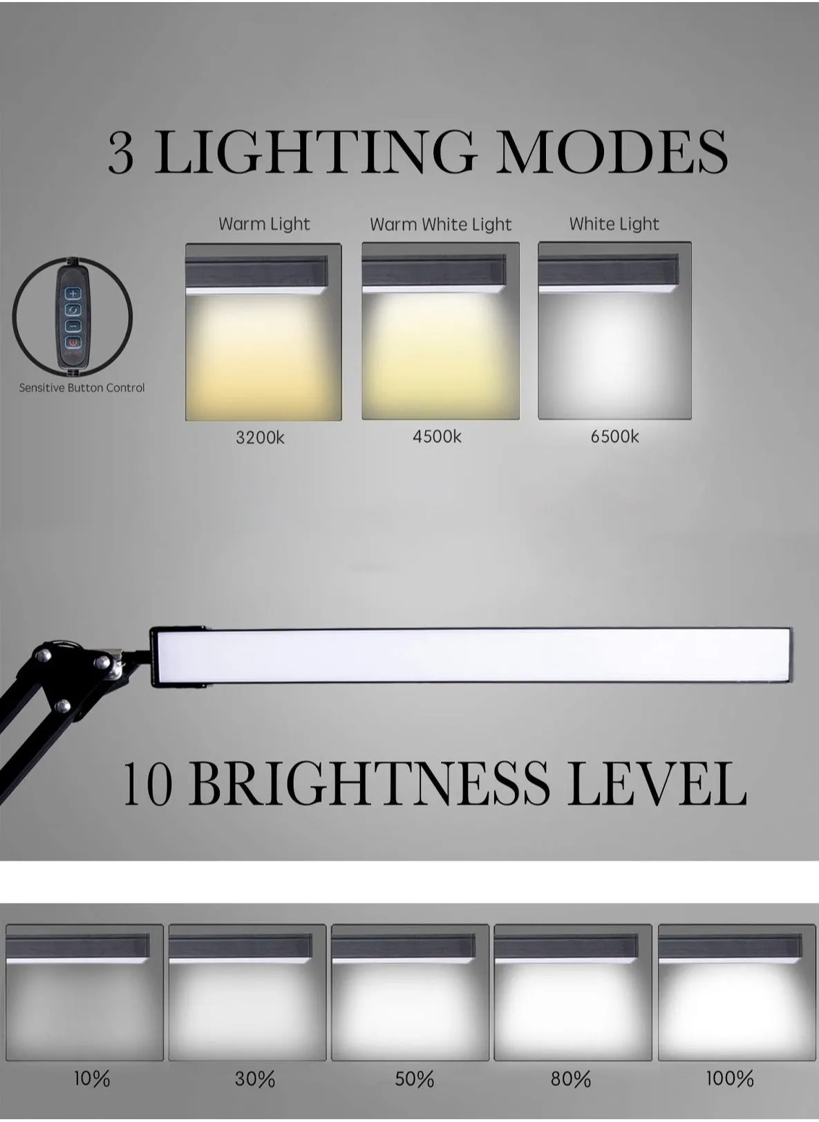 مصباح طاولة LED ، مصباح أرجوحة قابل للتعديل مع المشبك ، مصباح القراءة لرعاية العين ، 10 مستويات السطوع ، 3 أنماط الإضاءة ، مصباح وظيفة الذاكرة لمحول مكتب الأسرة-2