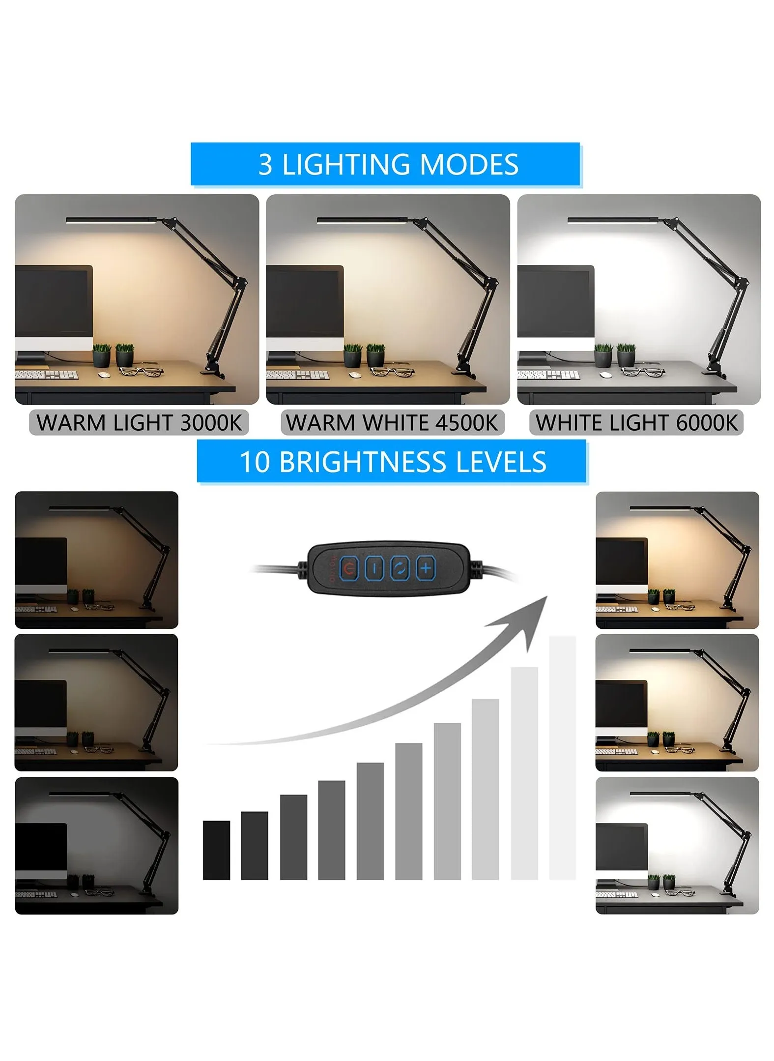 مصباح مكتبي LED ذو قاعدة مستديرة ، مصباح مكتب حماية العين بذراع التأرجح ، 3 أوضاع ألوان ، 10 سطوع ، وظيفة الذاكرة ، مصباح مكتب المكتب المنزلي-2