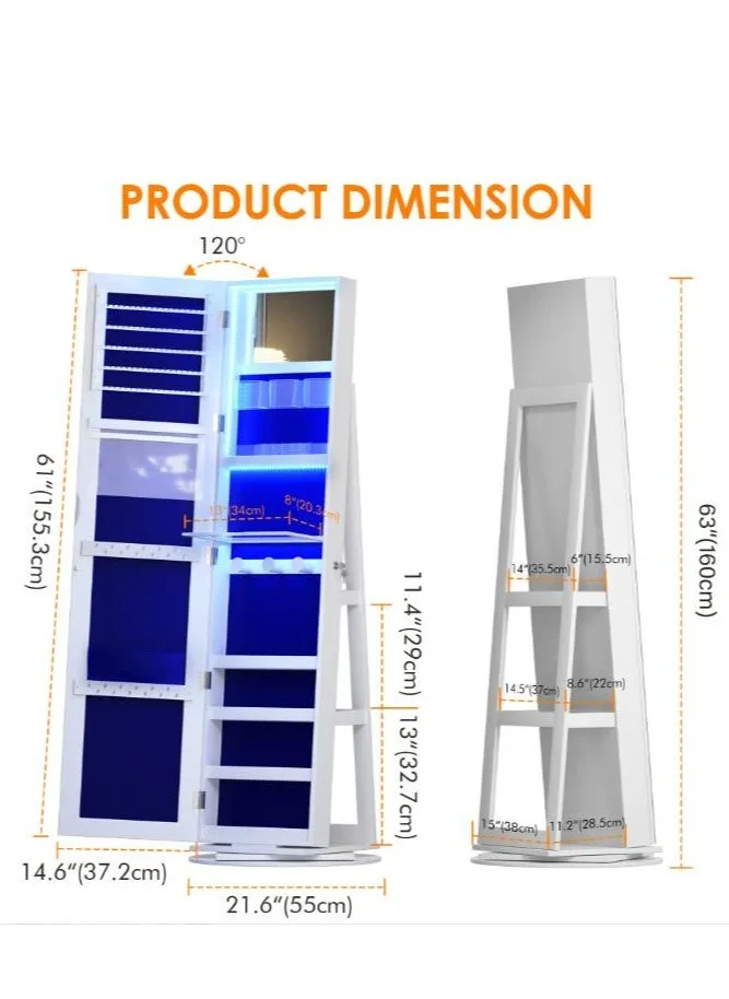 خزانة مجوهرات LED مع مرآة كاملة الطول تدور 360 درجة، خزانة مجوهرات كبيرة قابلة للقفل ومنظم مجوهرات مع مرآة مكياج داخلية مخملية ناعمة لغرفة المعيشة وغرفة النوم-2