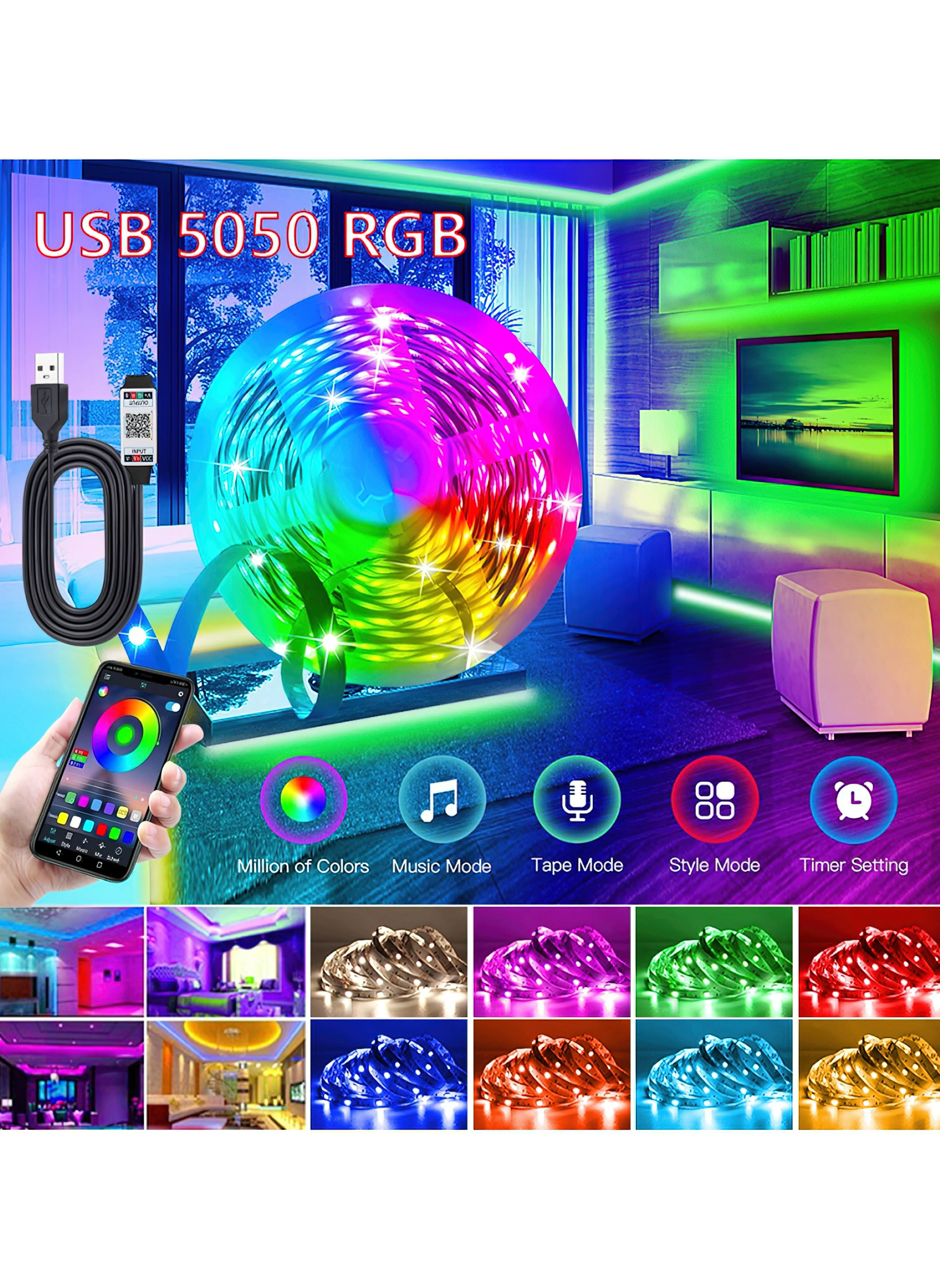 شريط إضاءة LED RGB بلوتوث شريط إضاءة متعدد الألوان شريط إضاءة لخلفية الجدار شريط إضاءة 2M-1