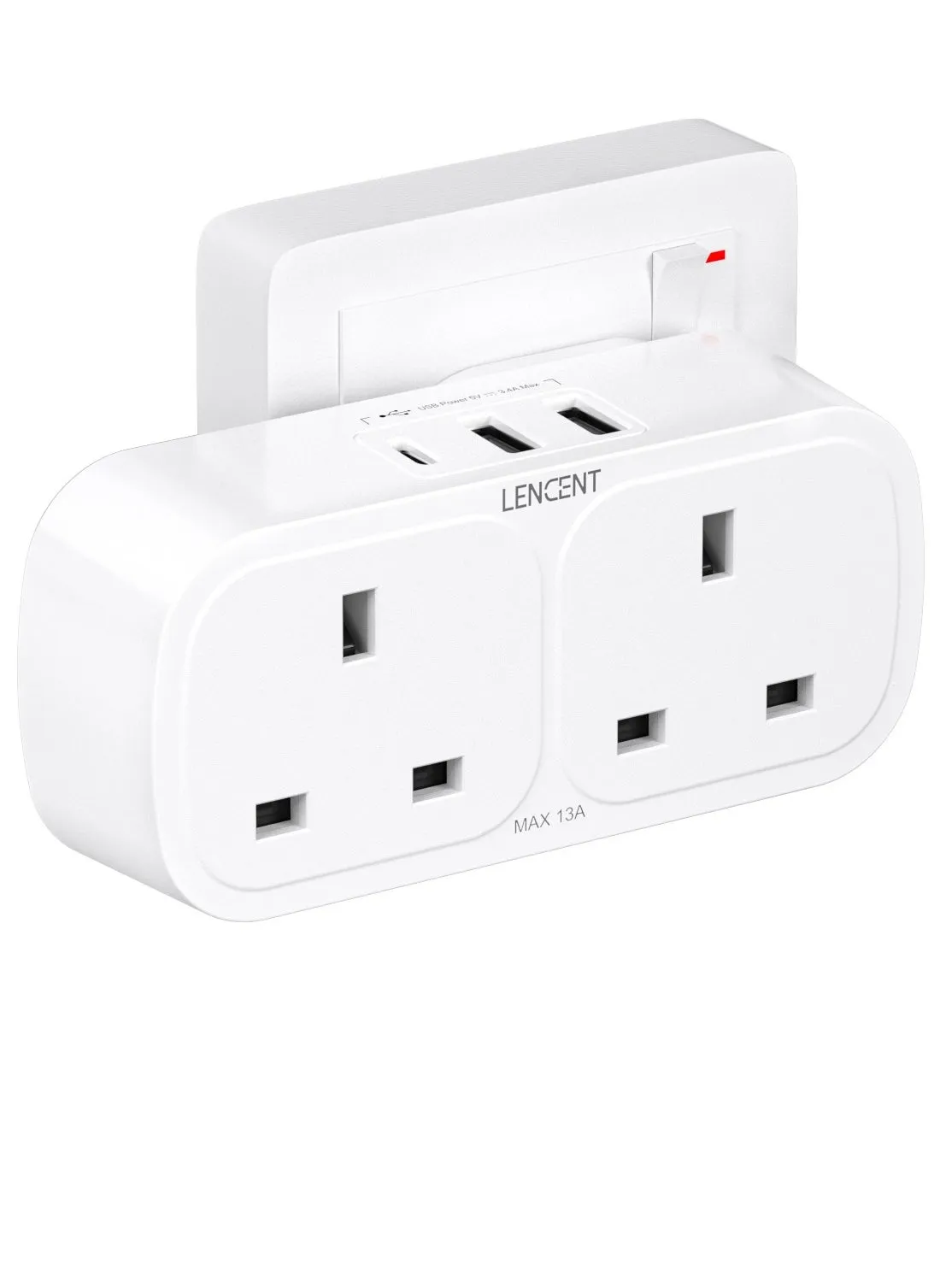 محول قابس LENCENT مع 3 USB (يشمل 1 USB-C) ، تمديد قابس مزدوج الجدار ، مقبس متعدد موسع 2 عصابة مناسب للمملكة المتحدة ، 13A 3250W للمنزل والمكتب والسكن الجامعي-1