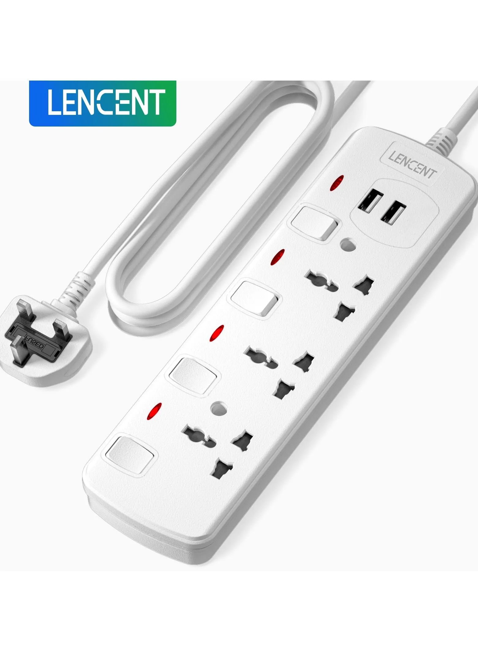 LENCENT شرائط الطاقة تمديد الحبل 3 منافذ مهايئ القابس العالمي مع فتحات USB ومفتاح فردي سلك تمديد 2 متر-1