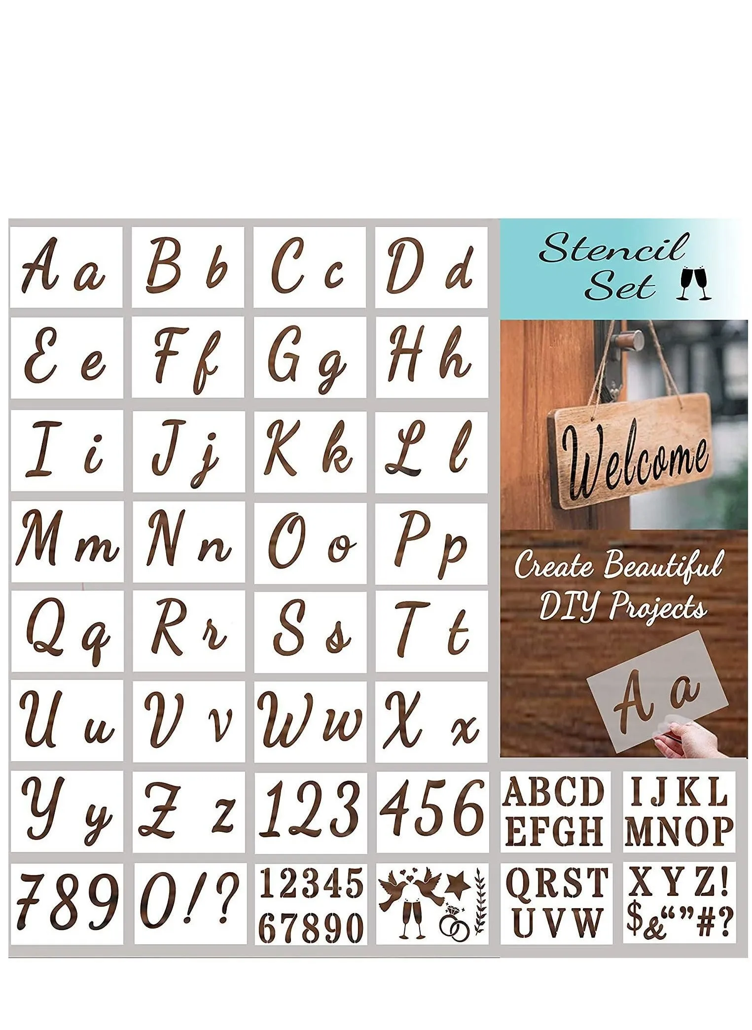 Letter Stencils for Painting on Wood - Alphabet & Drawing Reusable Cursive and Number Signs More Plastic Paint Art DIY Crafts-1