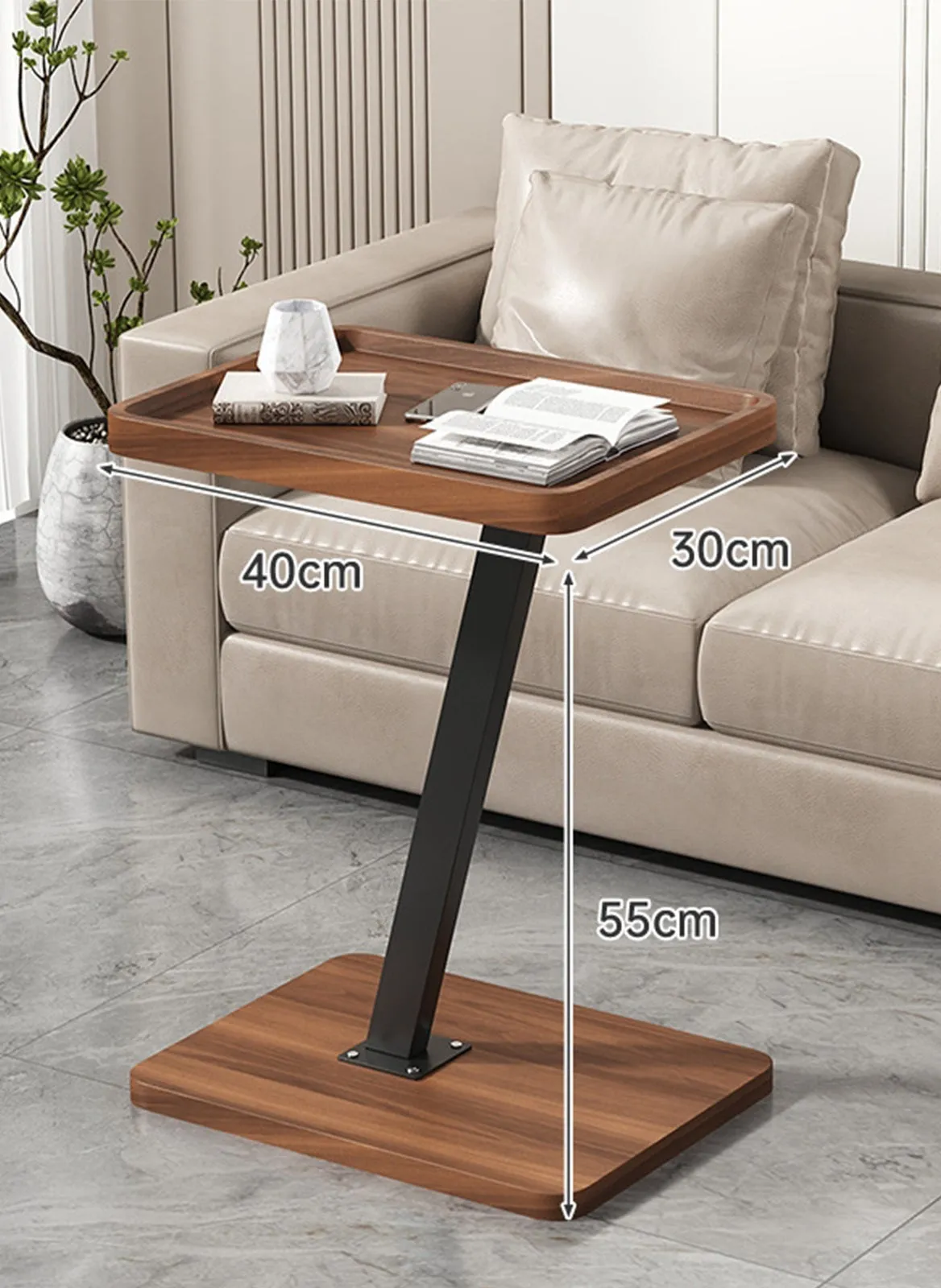 Living Room Sofa Side Table Z-Shaped Coffee Table, Walnut Color, Steel Frame Side Table 40*30*55CM-2