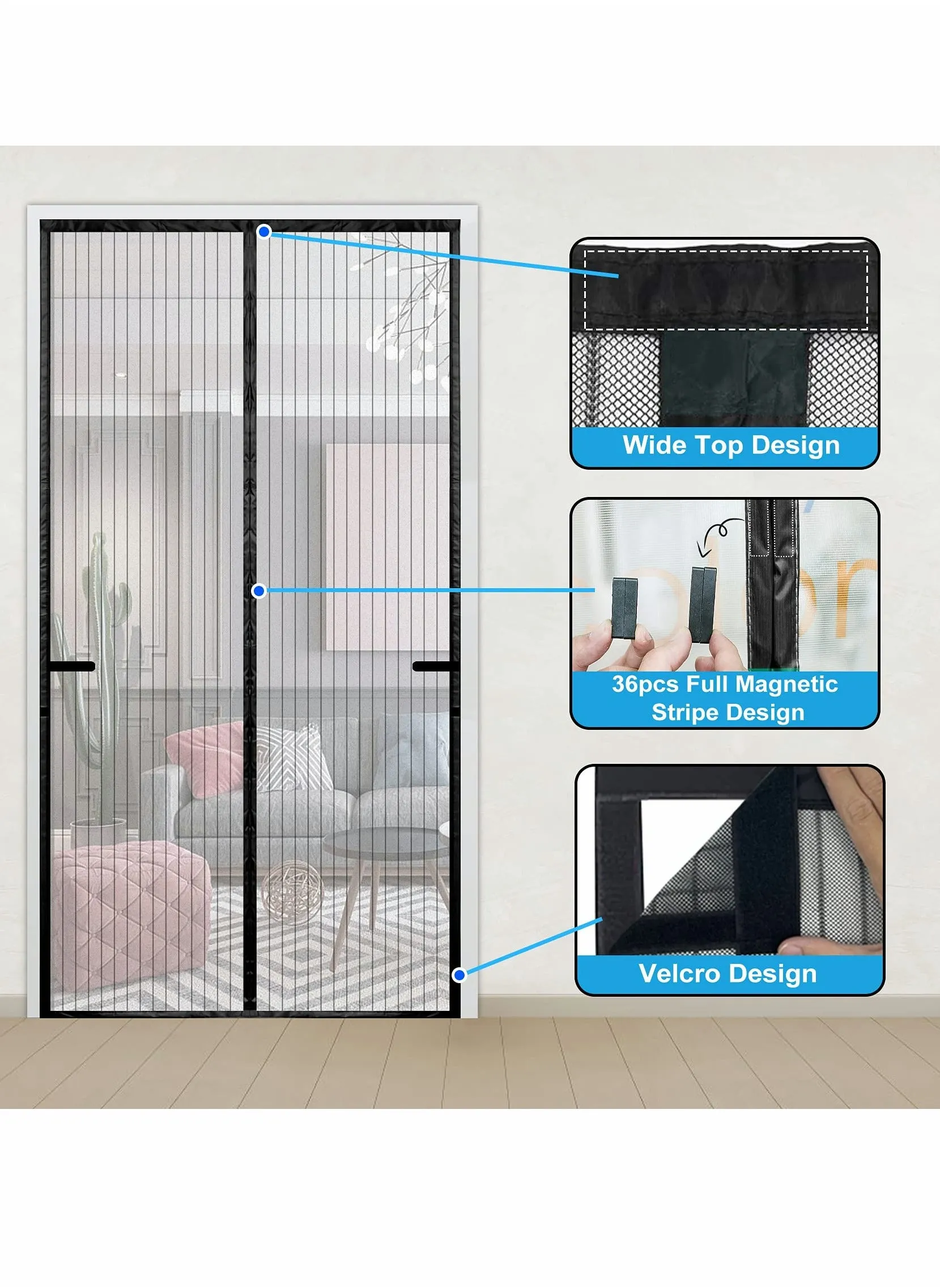 ستارة باب شبكية مغناطيسية تغلق تلقائيًا ضد الحشرات والذباب وشبكة شبكية ذاتية الغلق شديدة التحمل تعمل بدون استخدام اليدين تمنع دخول الحشرات باللون الأسود-2