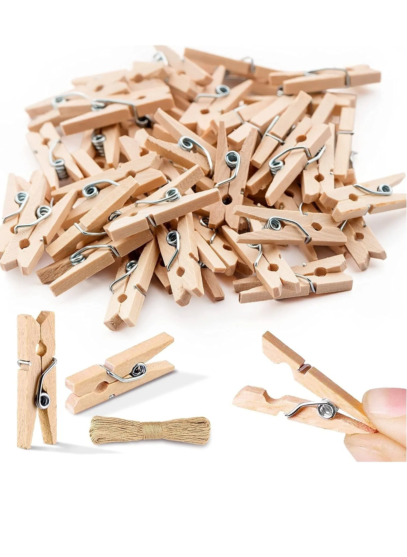 Mini Clothespins, Mini ClothesPins for Photo Natural Wooden Small Picture Clips for Crafts 1Inch 300 PCS Tiny Pegs with Jute Twine String Decorative Wood Clips for Wall Hanging Pictures-1