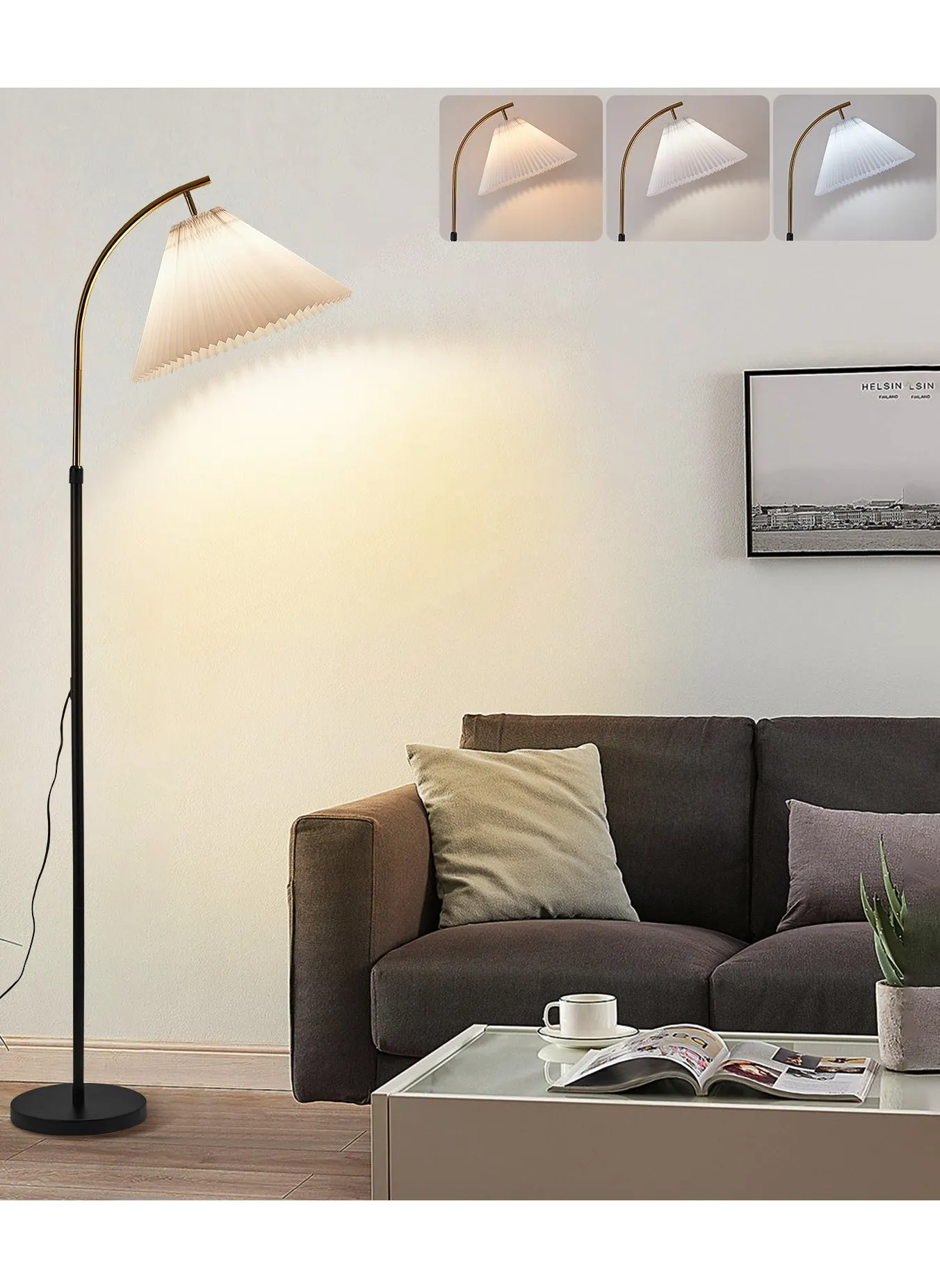 مصباح أرضي LED حديث بغطاء من القماش، أسود ذهبي - 174 × 28 × 41 سم-1