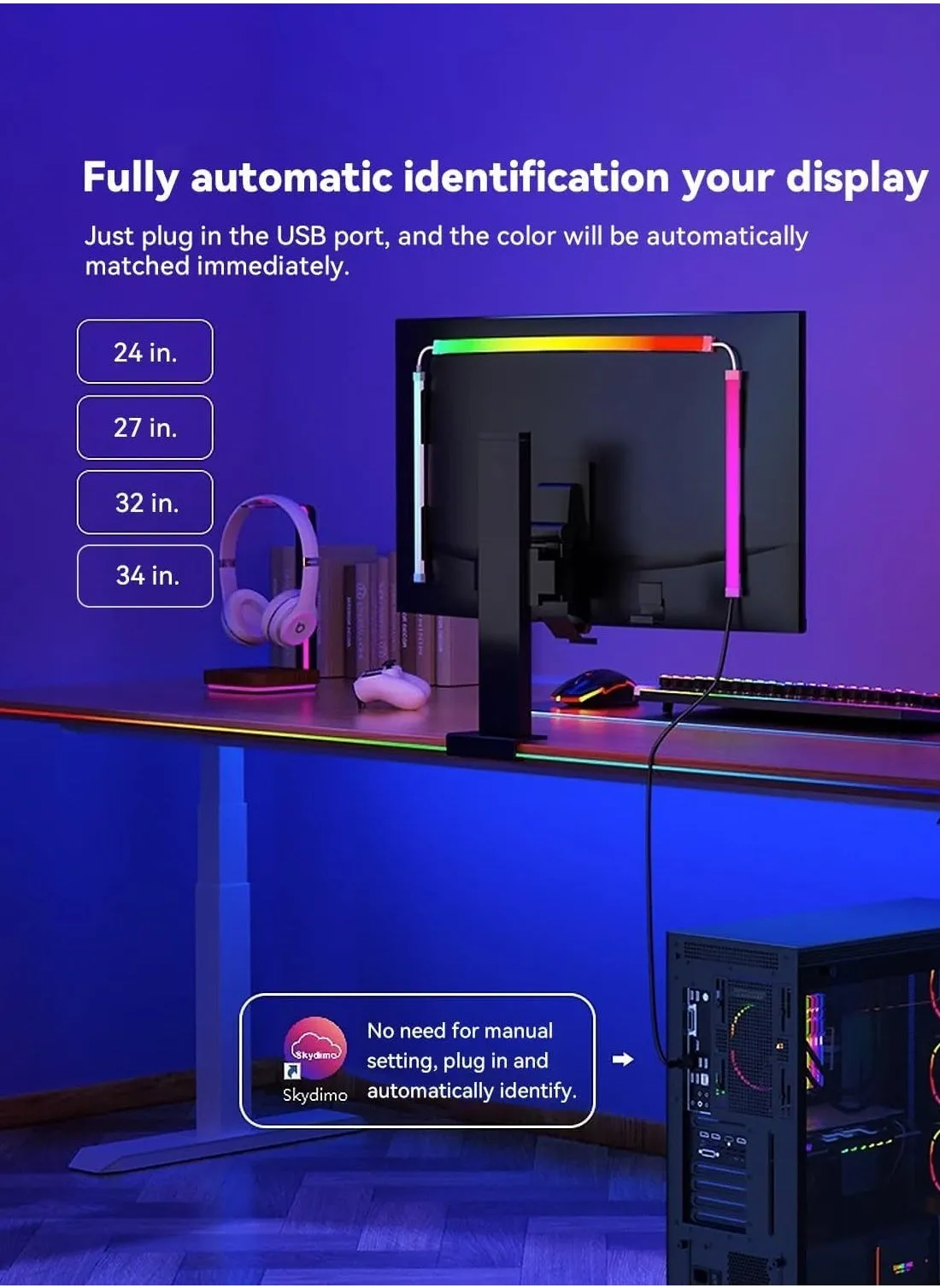 Monitor Led Backlight 24 Inch Led Strip Lights Sync with Screen Color or Music RGB Computer Light Bar Behind Monitor Supports Pc or Mac-2