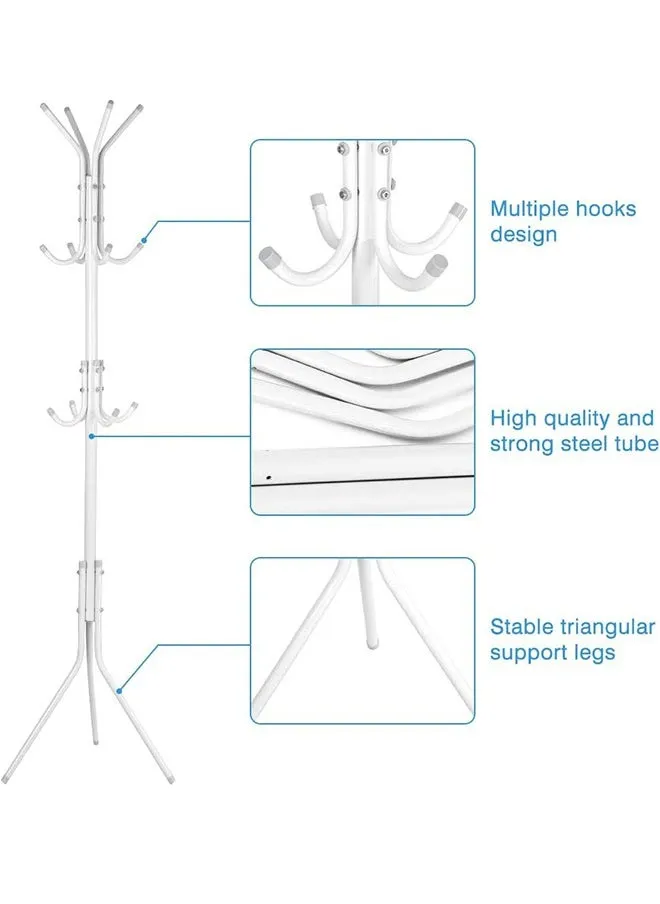 رف ملابس معدني متعدد الوظائف، 12 خطافًا، شماعة معطف شجرة القاعة، حامل تخزين ملابس شجرة مدخل المنزل للمعطف، القبعة، الملابس، الأوشحة، حقائب اليد، المظلة (أبيض) 172 × 43 سم-2