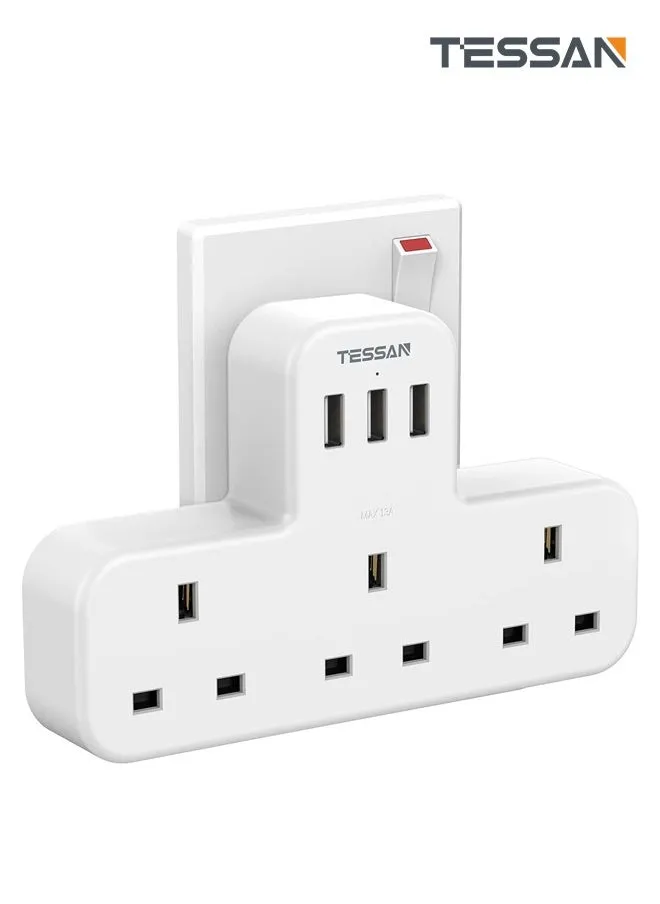 محول متعدد المكونات تمديد المقبس مع 3 USB، TESSAN 3 الطريق 3 المقابس موسع جدار الكهربائية المخرج محول، 3 دبوس الكهربائية مآخذ الطاقة للمنزل و مكتب، مطبخ (الابيض)-1