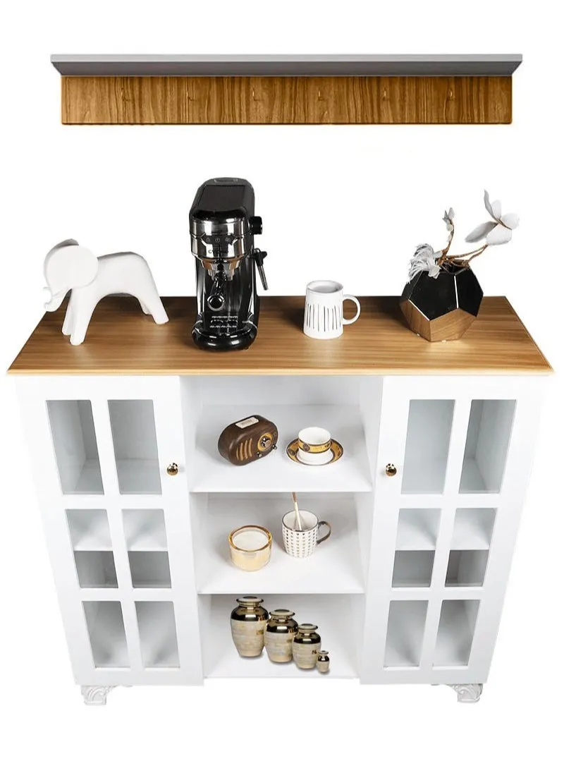 Multipurpose Coffee Cabinet, Wide Wooden Top, Open Shelves, Glass Window Doors with Wooden Spice Rack and Cup Hanging, Perfect for Living Room, Kitchen, Office in White-1