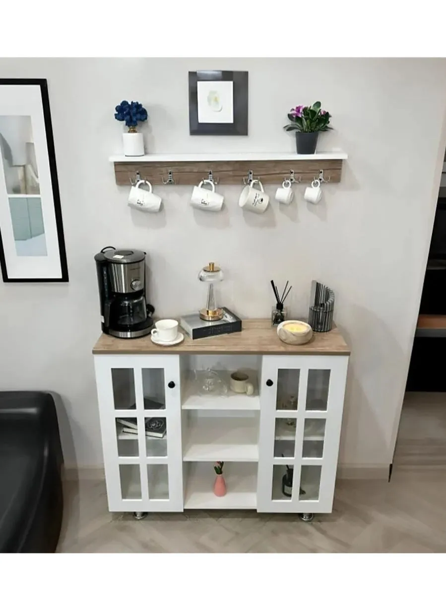 Multipurpose Coffee Cabinet, Wide Wooden Top, Open Shelves, Glass Window Doors with Wooden Spice Rack and Cup Hanging, Perfect for Living Room, Kitchen, Office in White-2