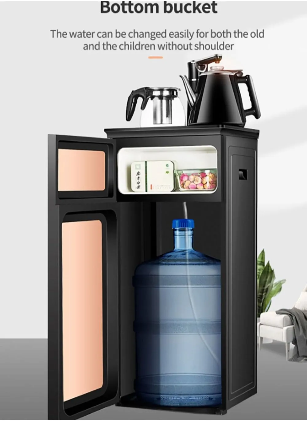 New Design Household Office Upright Ice-Hot Automatic Water Dispenser Tea Bar Machine with Tea Pot and Electric Kettle 1350W RH007-628 Black-2