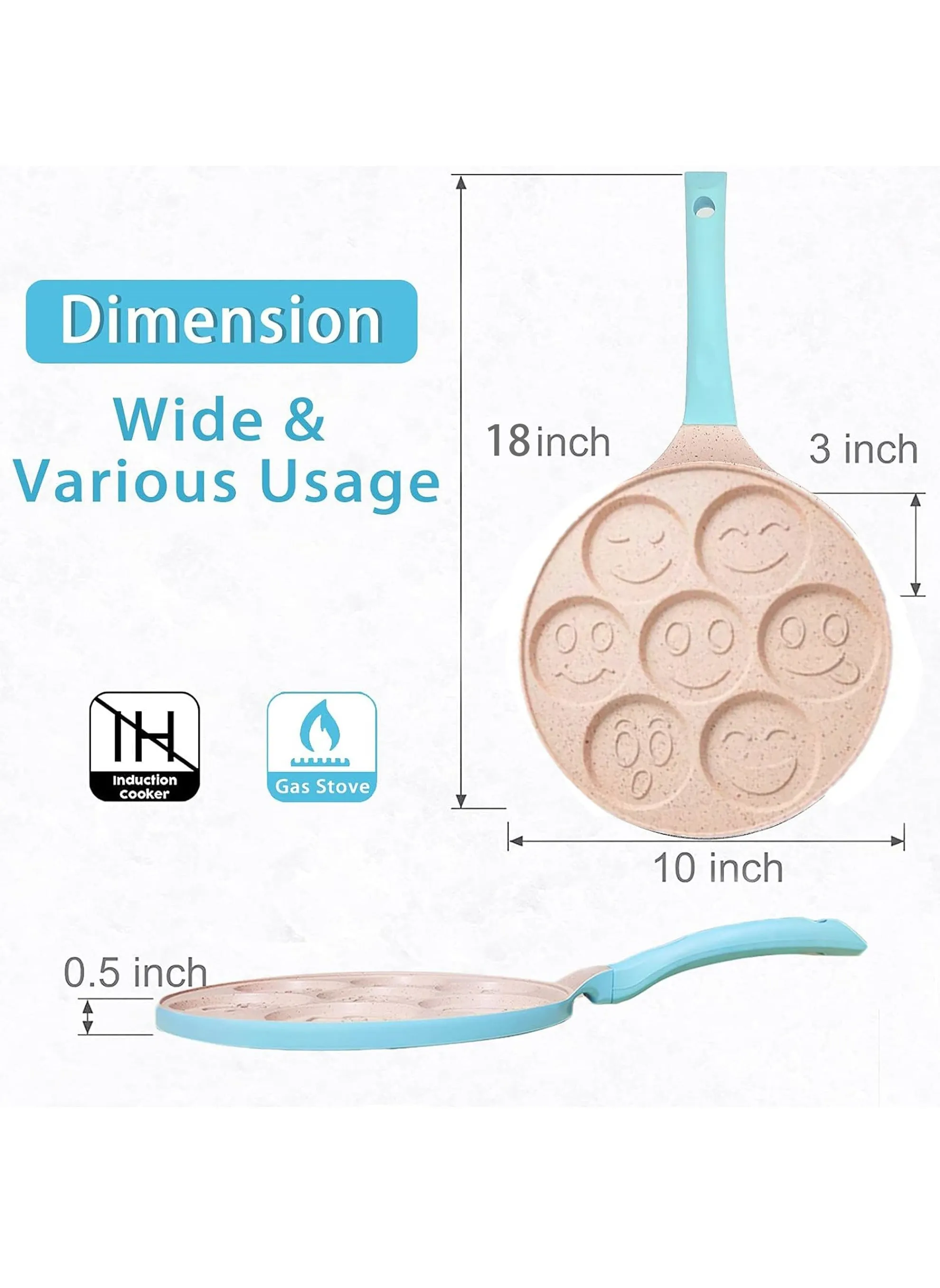 مقلاة الفطائر غير اللاصقة ، مقلاة الفطائر بعيون ضاحكة ، مقبض لمسة ناعمة لوجبة إفطار ممتعة للأطفال ، قطرها 10.2 بوصة ، مناسبة للمواقد الغازية (اللون: أزرق)-2
