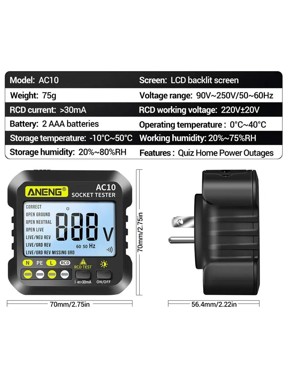 جهاز اختبار المخرج، شاشة LCD مع عرض الجهد الكهربي، جهاز اختبار مقبس RCD، محلل الدائرة، إنذار الكلام، جهاز كشف القطبية، جهاز اختبار التسرب، مدقق أخطاء خط الكهرباء-2