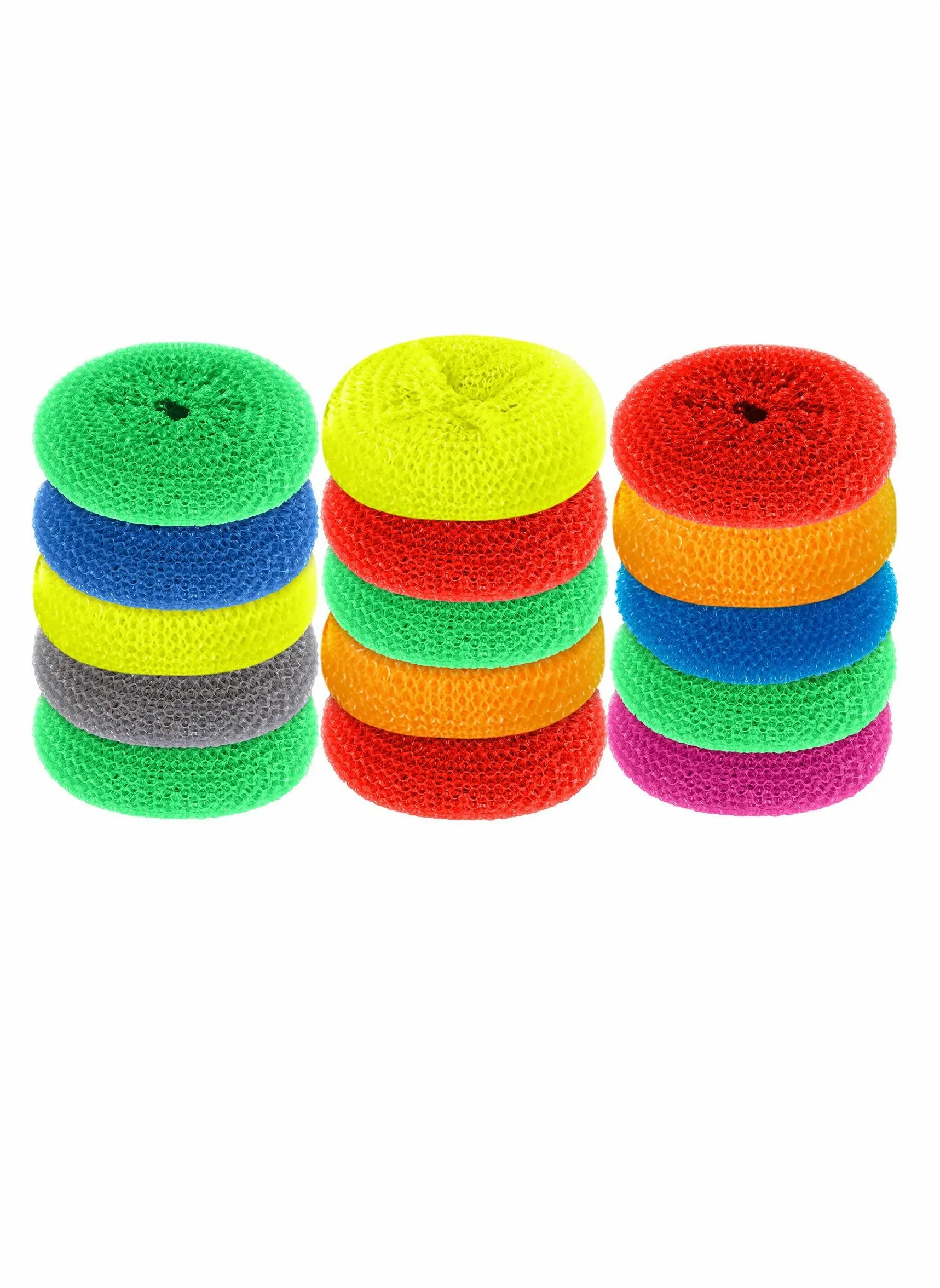 Plastic Dish Scrubbers for Dishes, Round Scrubber Scouring Pad Nylon Scrubber, Poly Mesh Pads Non Scratch (Rainbow Colors,15 Pcs)-1