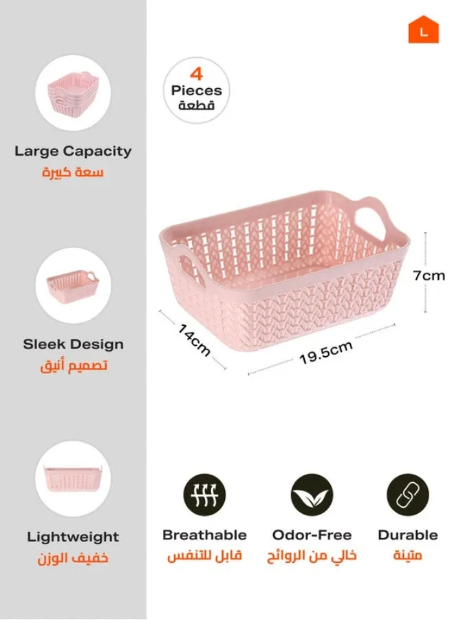 سلال تخزين بلاستيكية - منظمات رفوف بلاستيكية، سلال متينة لتنظيم المنزل والمطبخ والمكتب ومستلزمات الحمام، زهري، 19.5 × 14 × 7 سم، 4 قطع وردي 19.5x14x7سم-2