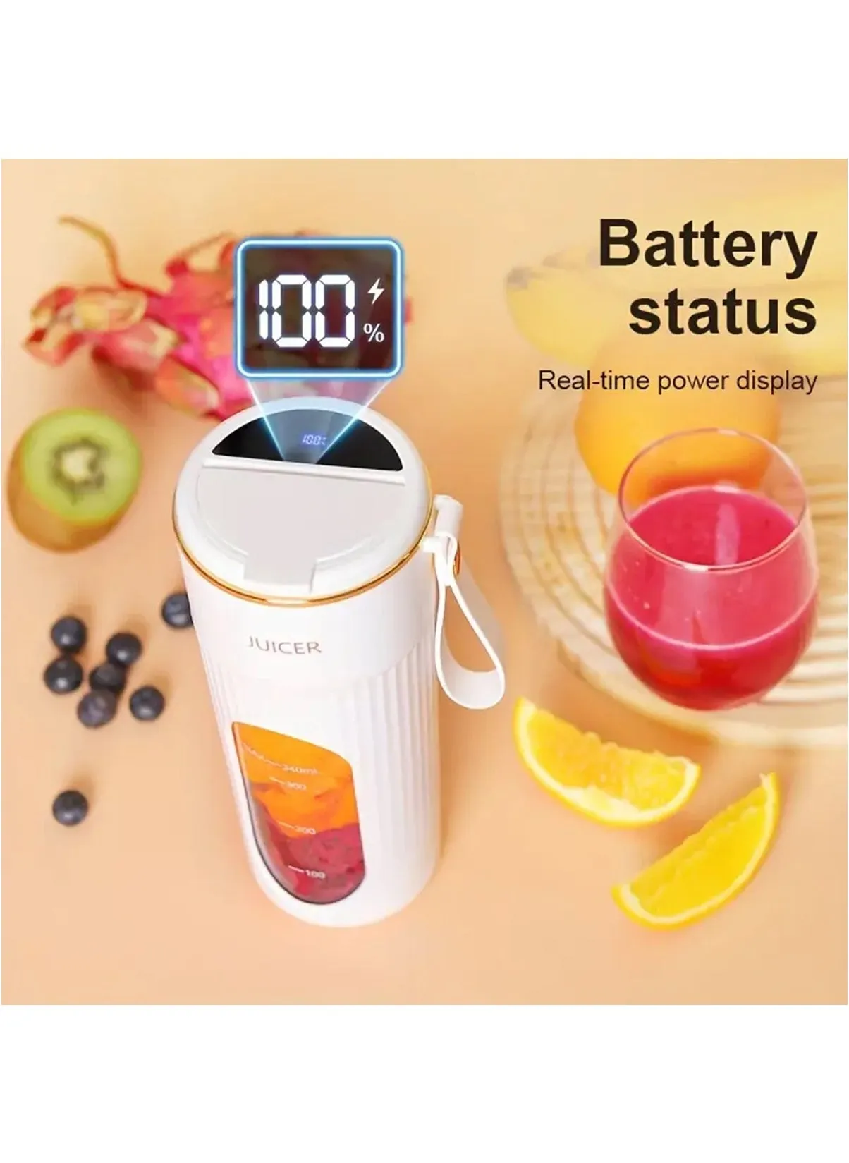 Portable Mini Rechargeable Juicer, Compact Design with 14 Blades, LCD Screen, and Food-Grade PP for Easy Cleaning and Blending, USB Rechargeable, Versatile and Convenient, White-2