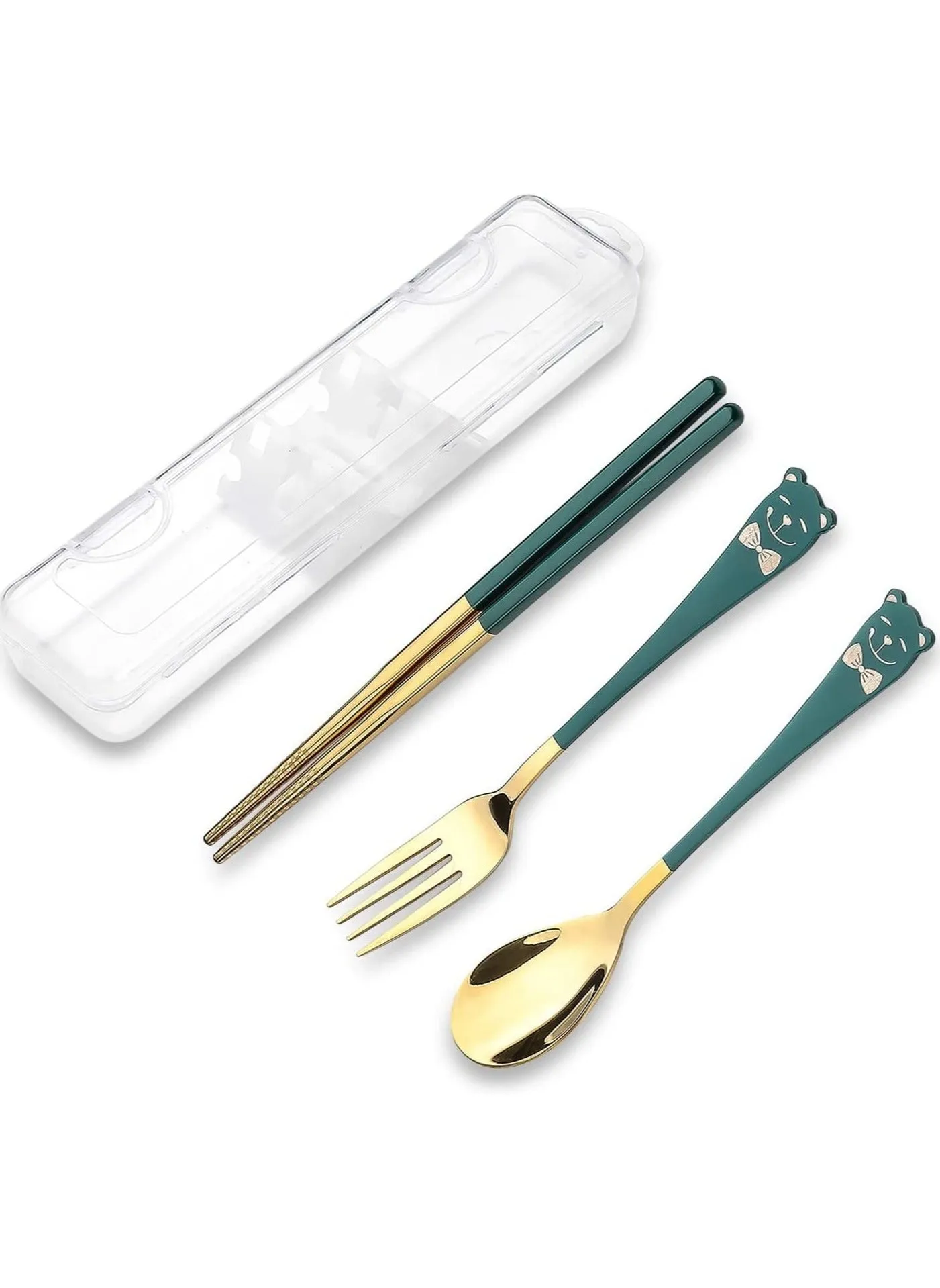 Portable Utensil Set 18/8 Stainless Steel Flatware 4pcs Travel Camping Fork Spoon Chopsticks with Case Cute Pocket Utensils for Lunch Picnic-1