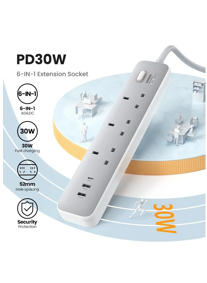 سلك تمديد أسلاك توصيل الكهرباء مع منافذ 30USB PD واط 2A1C قطاع تمديد الطاقة, شريحة ذكية مدمجة, حماية من الحرارة الزائدة والتيار الزائد، سلك مقبس الطاقة، منافذ طاقة 3AC، قابس تمديد عالمي مع سلك 2 متر-2