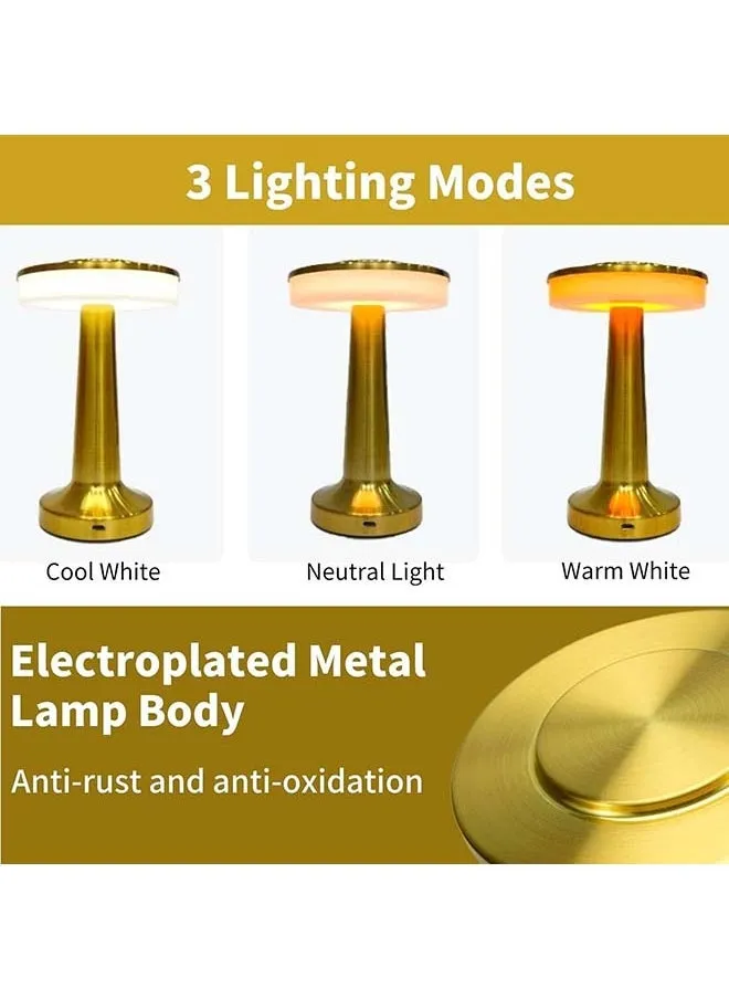 مصباح مكتب يعمل بالبطارية القابلة لإعادة الشحن مع مستشعر يعمل باللمس، مصباح طاولة LED محمول لاسلكي، ثلاثي المستويات قابل للتعتيم مناسب للمقاهي/المطاعم/غرف النوم/مواقع التخييم (ذهبي)-2