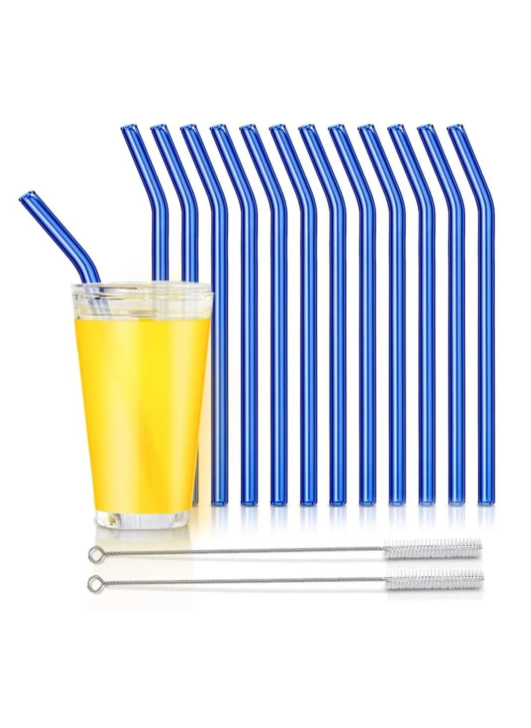 Reusable Glass Straws, Bent Drinking Straws with 2 Cleaning Brushes, for Smoothies, Milkshakes, Juice (Blue, 12 Pack)-1