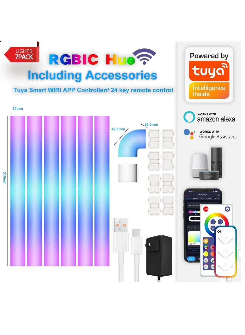 مصباح حائط ذكي RGBIC، شريط إضاءة محيط LED متعدد الألوان قابل للتخصيص لمزامنة الموسيقى متوافق مع ديكور المنزل Alexa وGoogle Assistant للألعاب والبث مع المشاهد الديناميكية (6 قطع وزوايا واحدة)-2