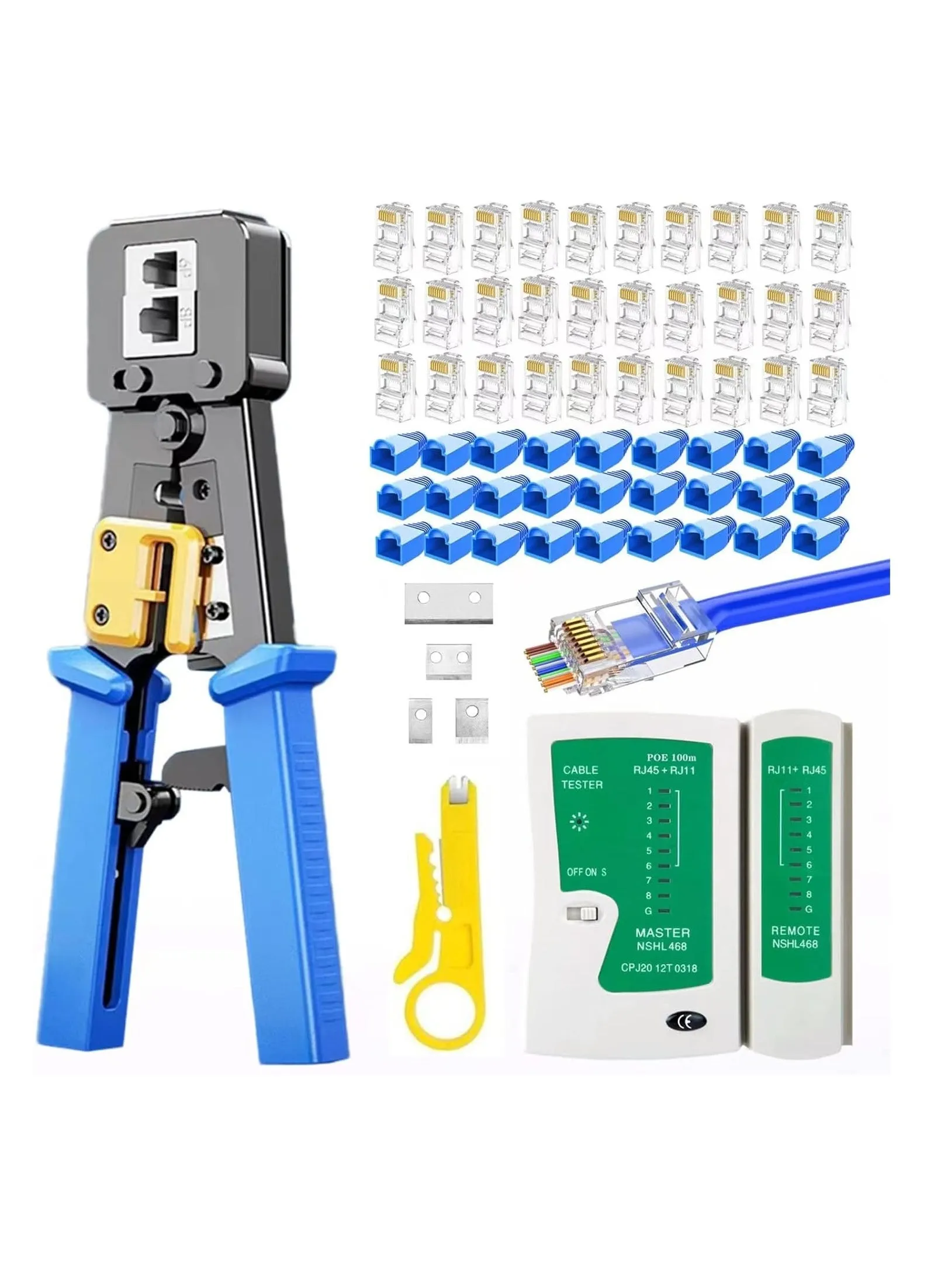 RJ45 Crimp Tool Kit with Pass Through Connectors - Cat5/5e/Cat6 Ethernet Cable Crimper, Network Tester, and Wire Stripper Set, 30PCS 1.1mm CAT6 Connectors & Covers Included-1