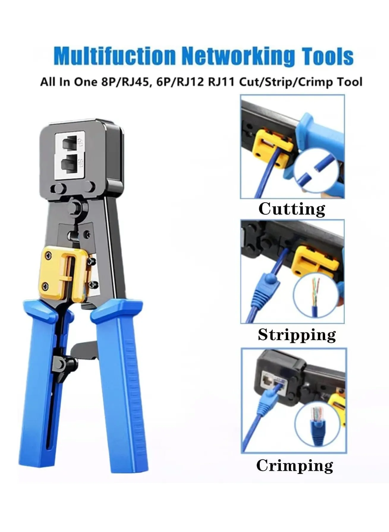 RJ45 Crimp Tool Kit with Pass Through Connectors - Cat5/5e/Cat6 Ethernet Cable Crimper, Network Tester, and Wire Stripper Set, 30PCS 1.1mm CAT6 Connectors & Covers Included-2