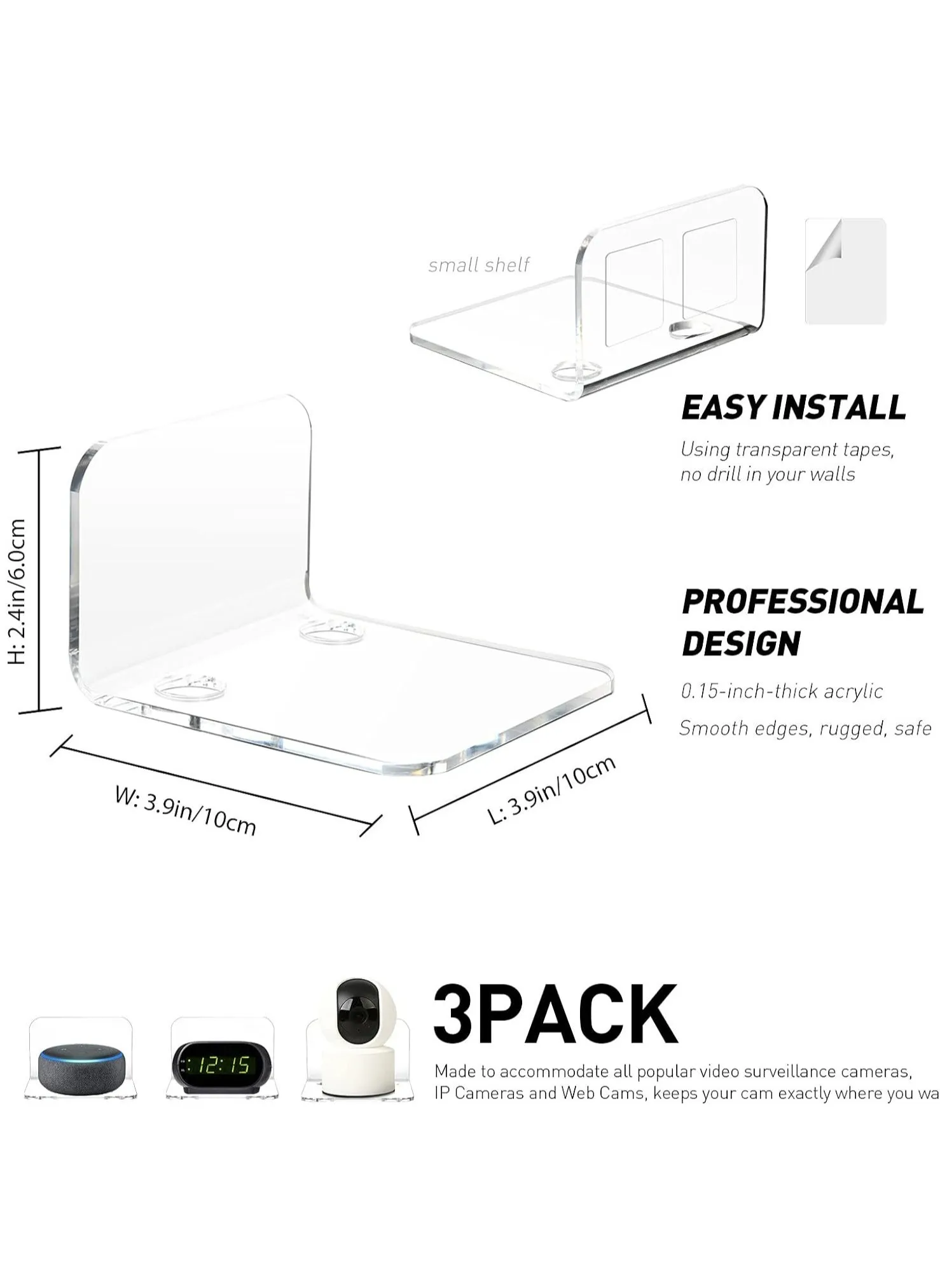 مجموعة من 3 رفوف أكريليك عائمة لكاميرات المراقبة، أجهزة مراقبة الأطفال والمكبرات الصوتية، شفافة، بدون حفر، أرفف جدارية صغيرة مع مشابك للكابلات وأشرطة قوية.-2