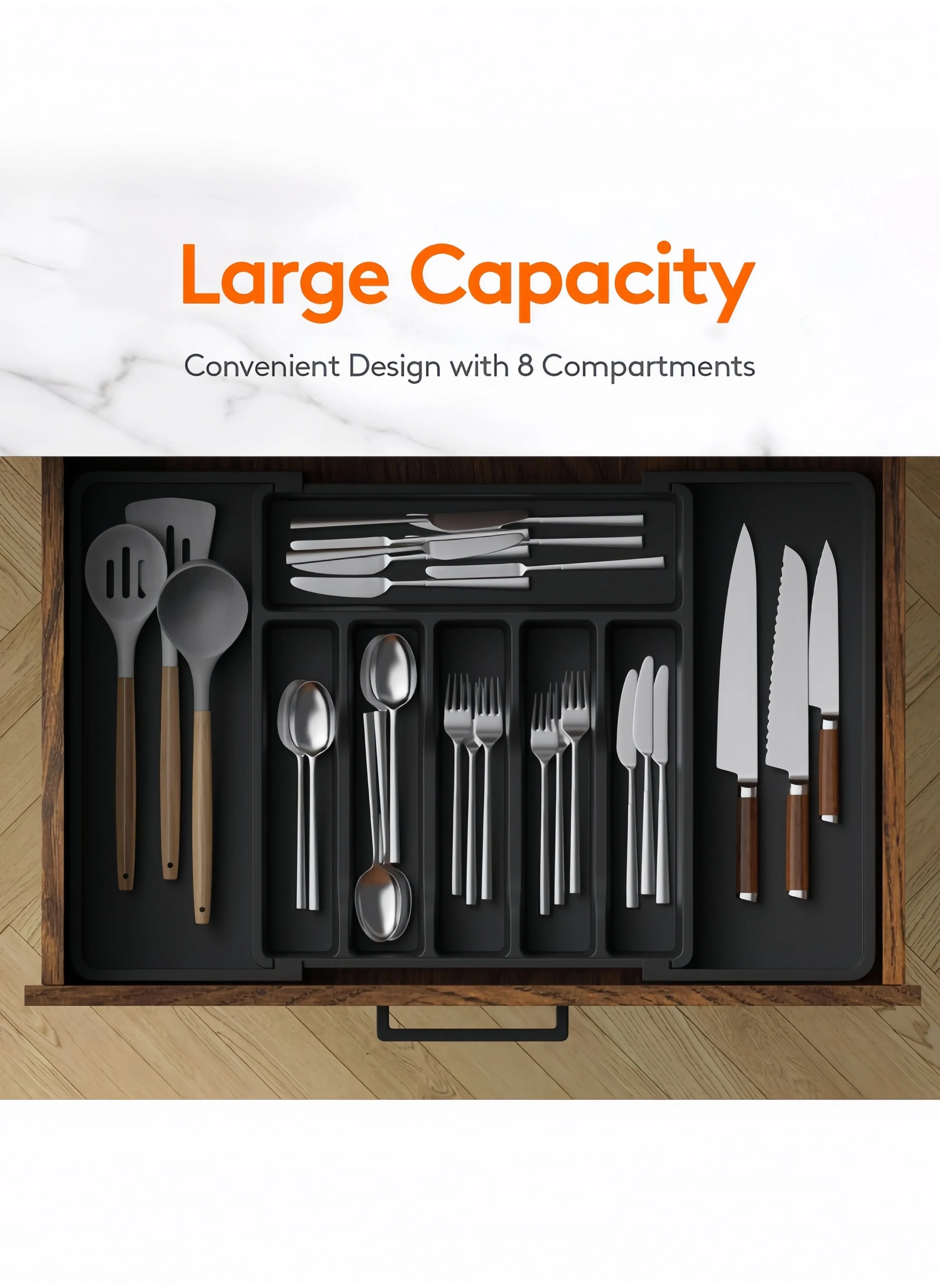 Silverware Drawer Organizer, Expandable Utensil Tray for Kitchen, BPA Free Flatware and Cutlery Holder, Adjustable Plastic Storage for Spoons Forks Knives, Large, Black,33-57*38*5 CM-2