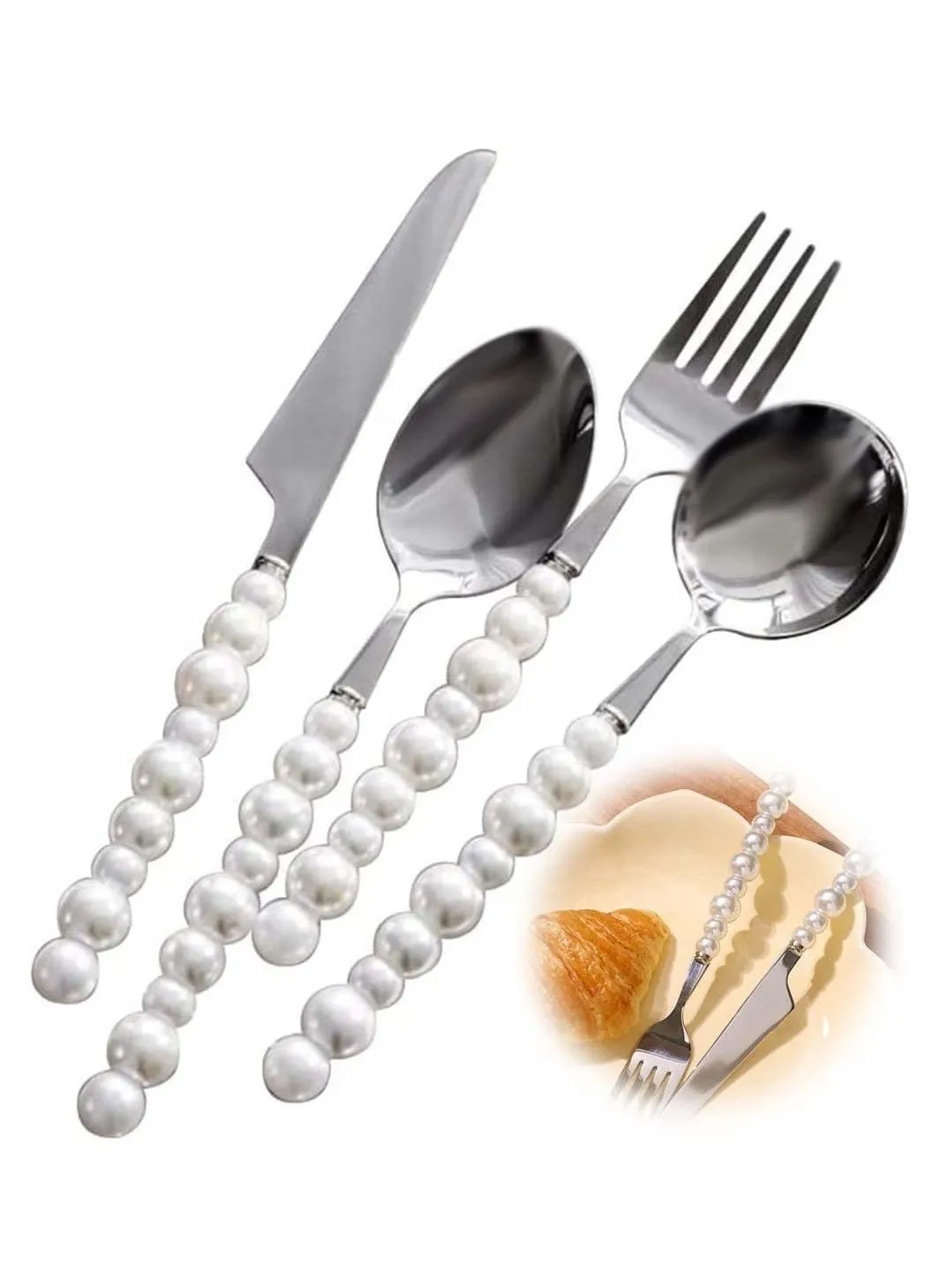 Silverware Set 4 Piece Stainless Steel Utenslis Flatware Cutlery Include Forks Spoons Knives Utensils Tableware Sets with ABS Imitation Pearl Handles for Home Kitchen Restaurant Hotel-1