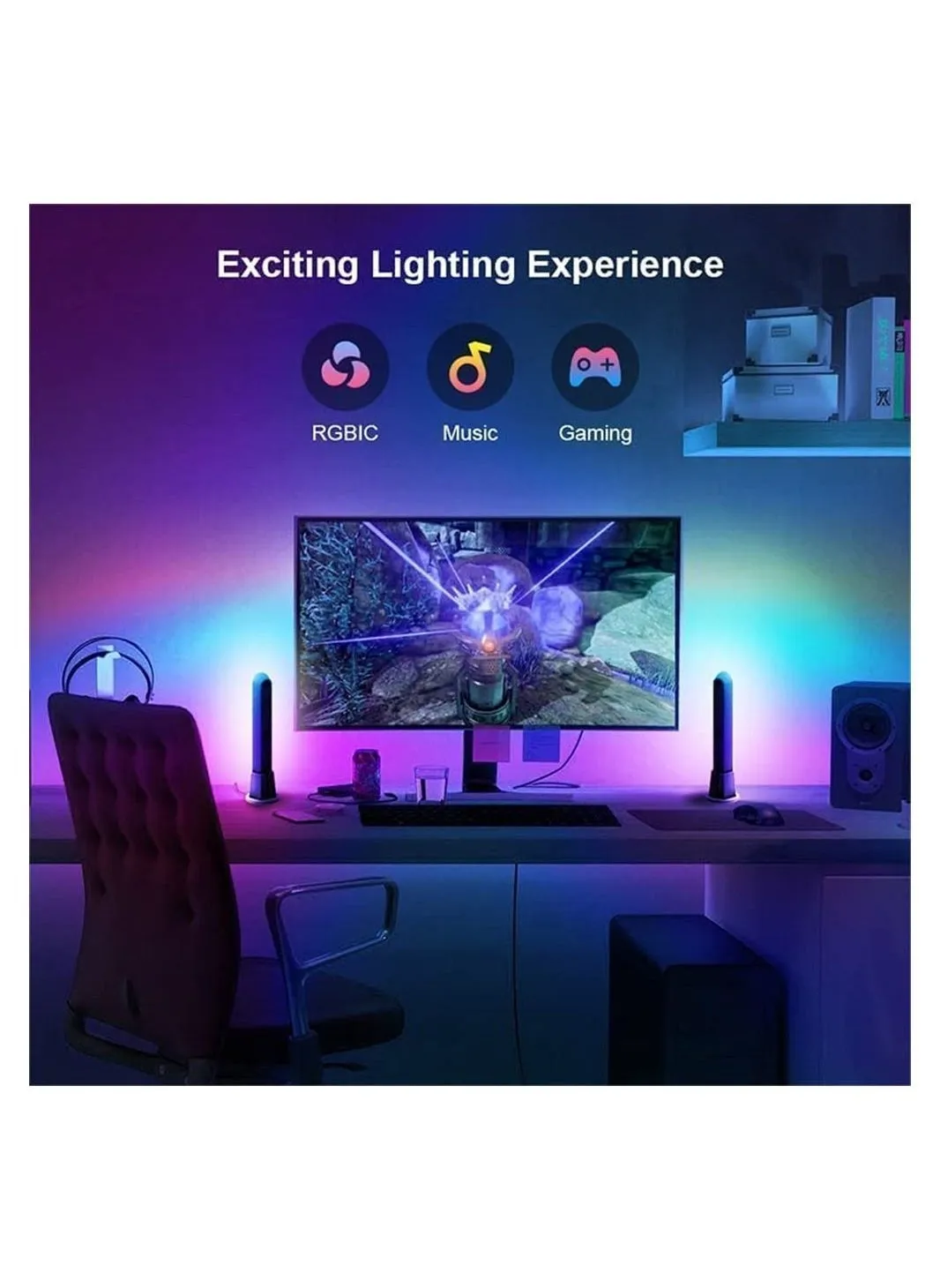 أشرطة إضاءة LED ذكية، مصابيح ألعاب RGB مع Alexa ومساعد Google، مزامنة مع الموسيقى والفيديو والألعاب والتحكم الصوتي عن بعد من خلال التطبيق، وأضواء ألعاب RGBIC مع أوضاع المشهد وأوضاع الموسيقى، 2 عصا-1