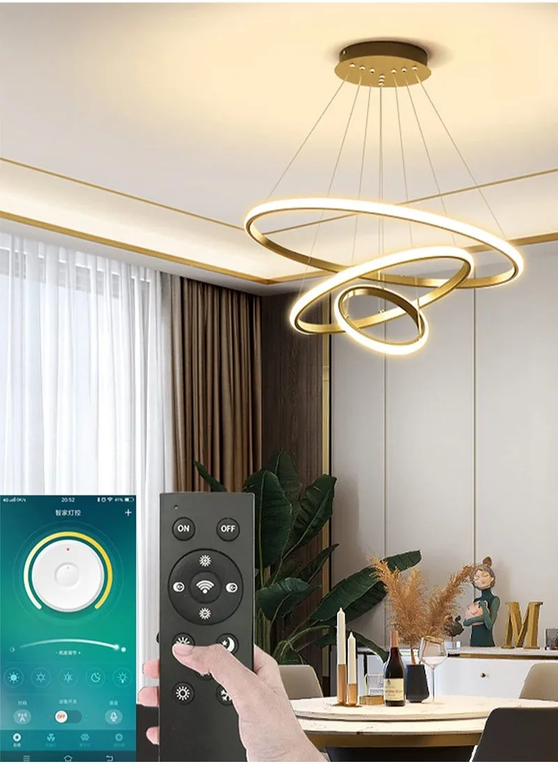 ثريات LED حديثة ذكية، 3 حلقات LED قلادة ضوء لاعبا أساسيا عكس الضوء LED دائري معاصر مع تطبيق BT اللاسلكي الذكي للتحكم عن بعد 3 ألوان في واحد 72 وات مصباح سقف ثريا LED-1