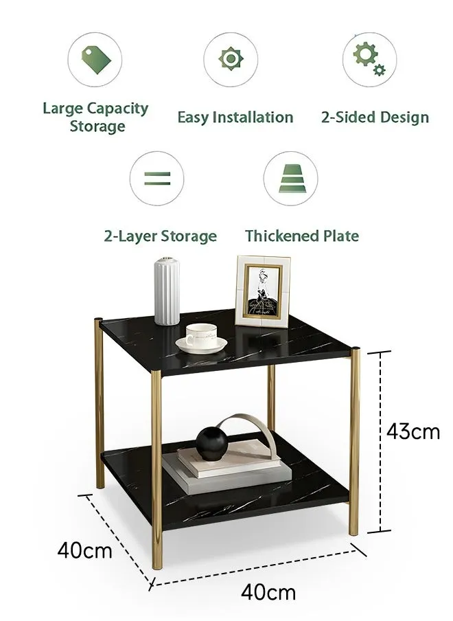 طاولة جانبية مربعة بيضاء للأريكة، طاولة قهوة صغيرة باللونين الأسود والذهبي، طاولة تخزين صغيرة من طبقتين بجانب السرير، سهلة التجميع، مناسبة لغرفة المعيشة وغرفة النوم وغرفة الشاي-2