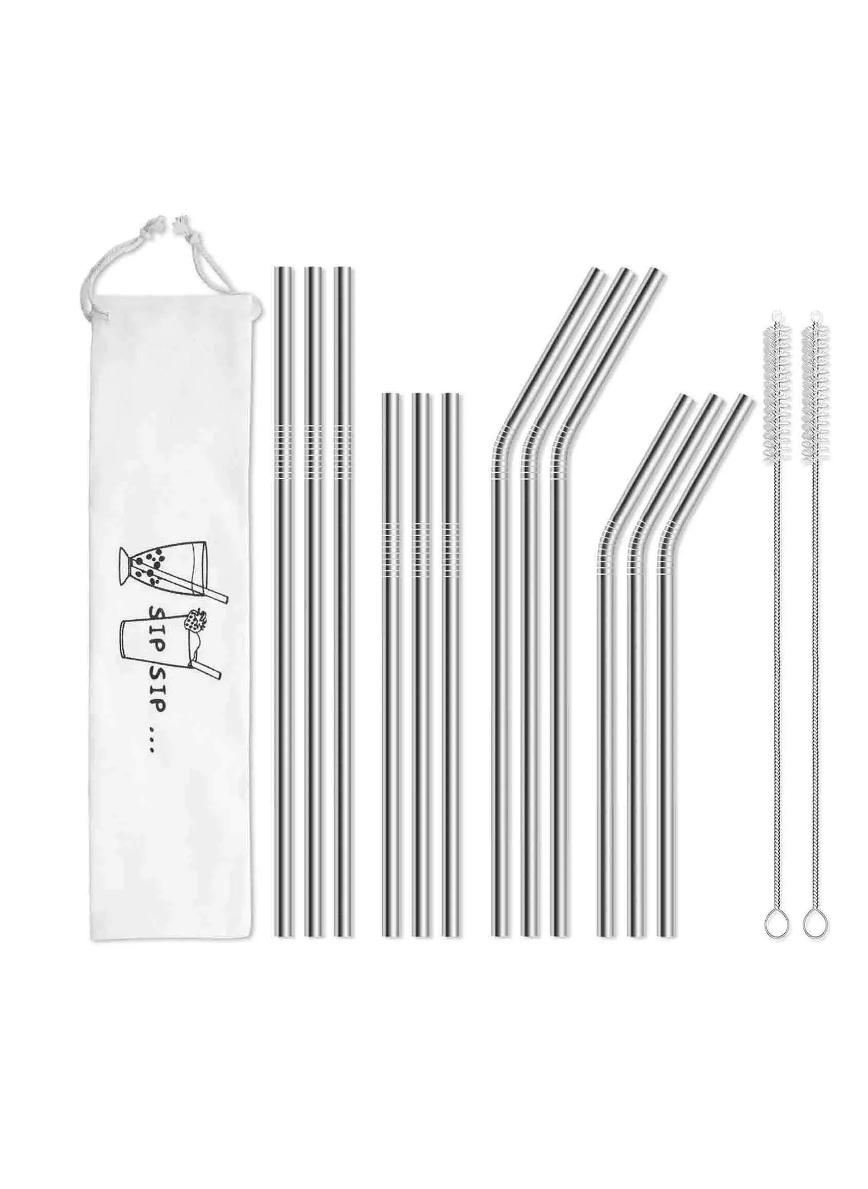 Stainless Steel Metal Straws, Reusable-Long Straws Suitable For 30oz And 20oz Glasses, 15-Piece Set (6 Curved + 6 Straight 2 Cleaning Brushes 1 Bag, Silver)-1