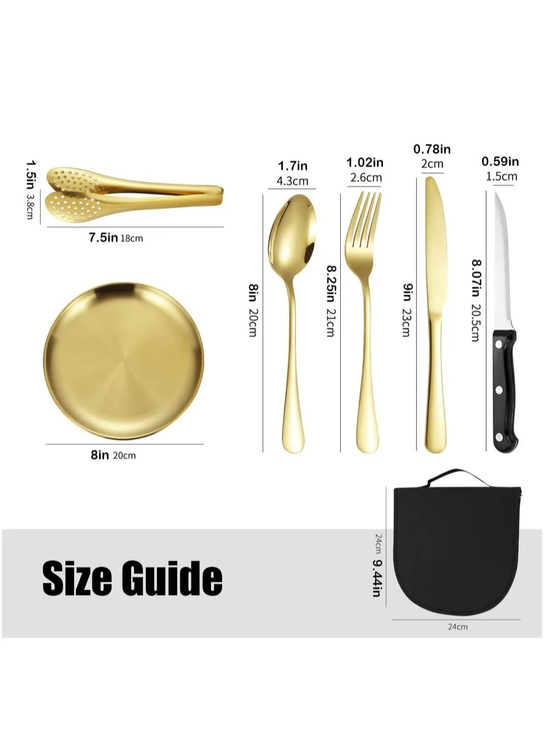 Stainless Steel Tableware Set for Camping and Picnics - Portable 10 Piece Kit with Knife, Fork, Spoon, Plate, Steak Clip-2