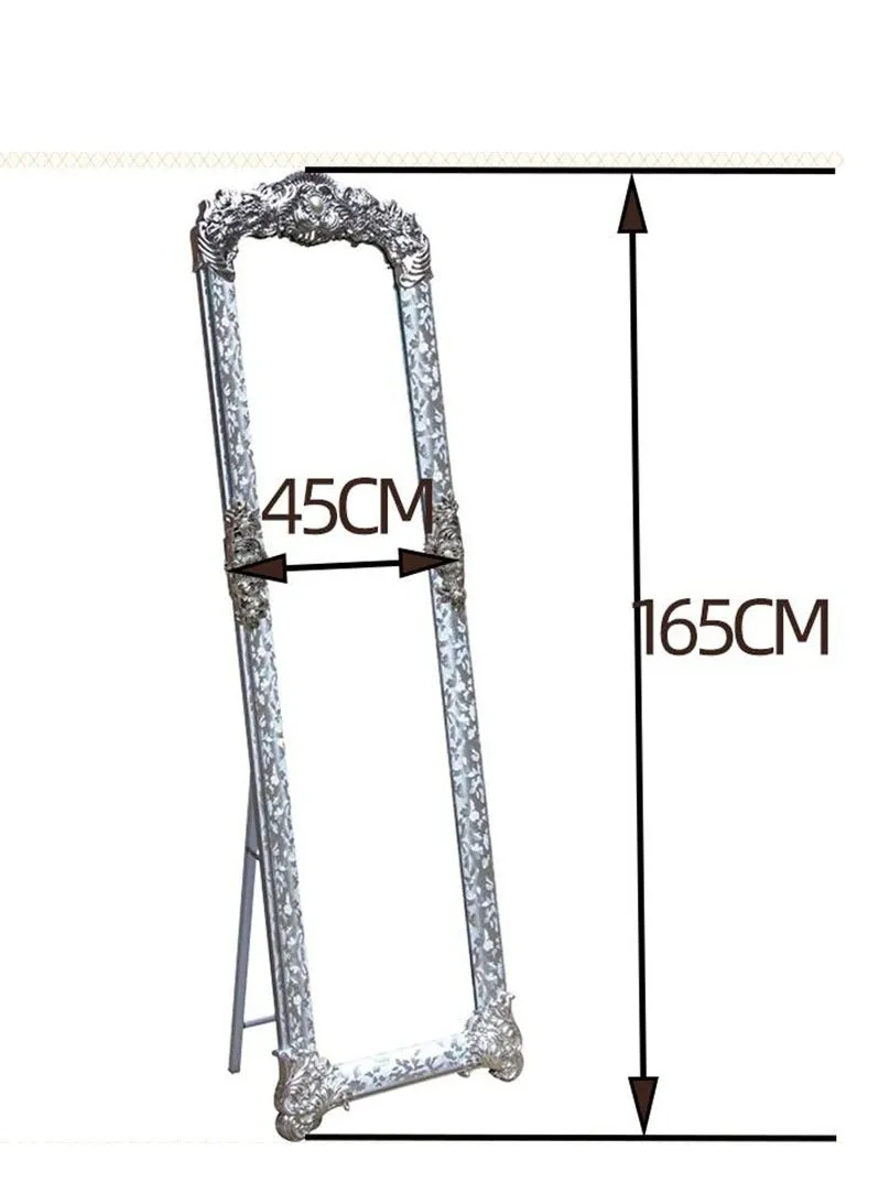 45X165سم مرايا حامل، مرايا واقفة بطول كامل، مرايا أرضية مستطيلة كبيرة لغرفة النوم، إطار منحوت 8132-فضي-2