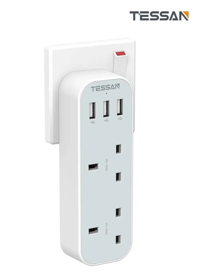 محول توصيل مزدوج للقابس من TESSAN مع 3 USB، محول تمديد متعدد المقابس ثنائي الاتجاه، شاحن حائط بمقابس حائطية بريطانية 3 دبوس 13 أمبير، موسع طاقة للمنزل، المطبخ، المكتب، اللوازم المدرسية-1