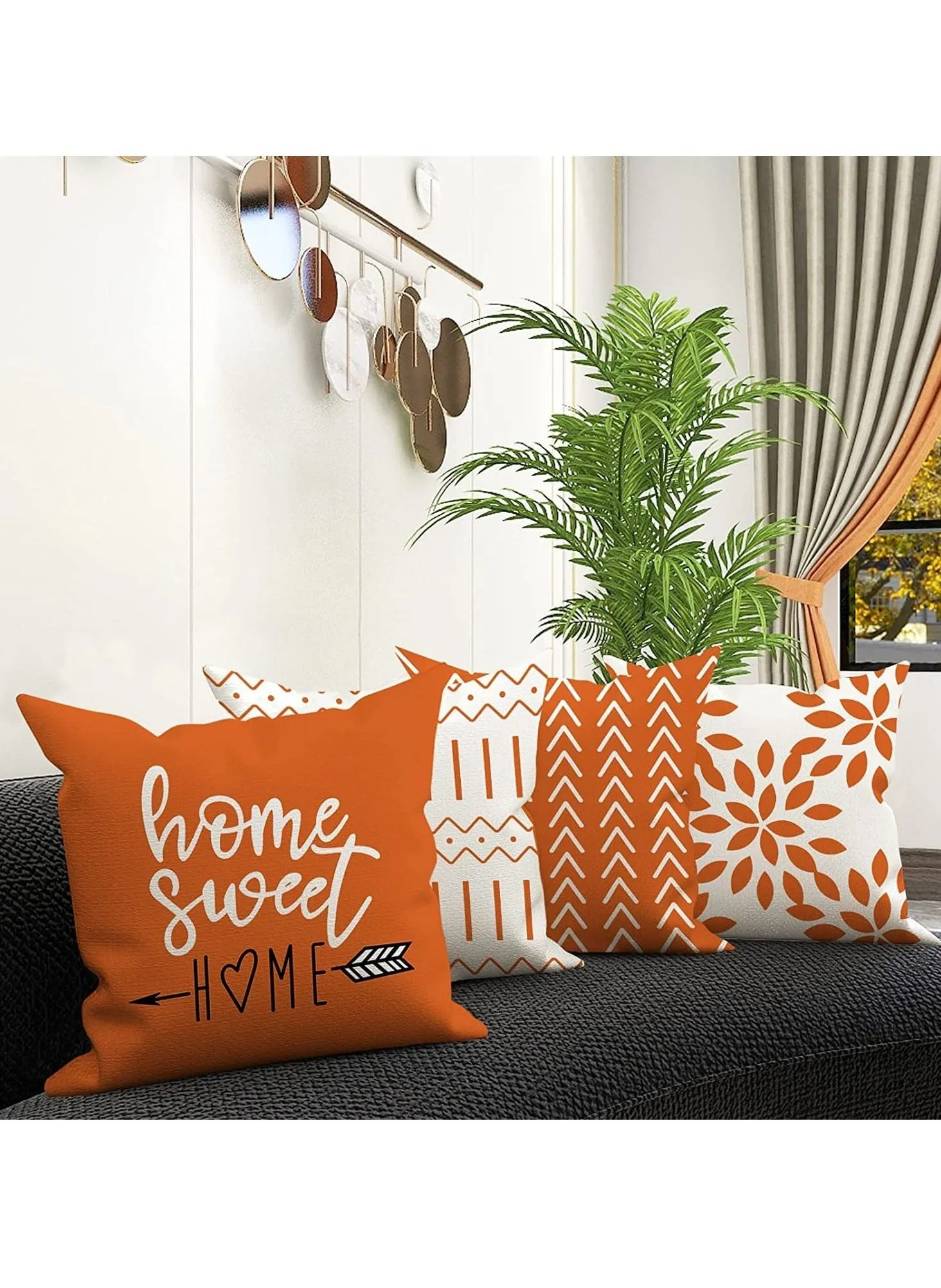 Throw Pillow Cover, Fall Decor for Home, Modern Sofa Decorative Outdoor Linen Fabric Case Couch Bed Car 45x45cm Orange Set of 4-2